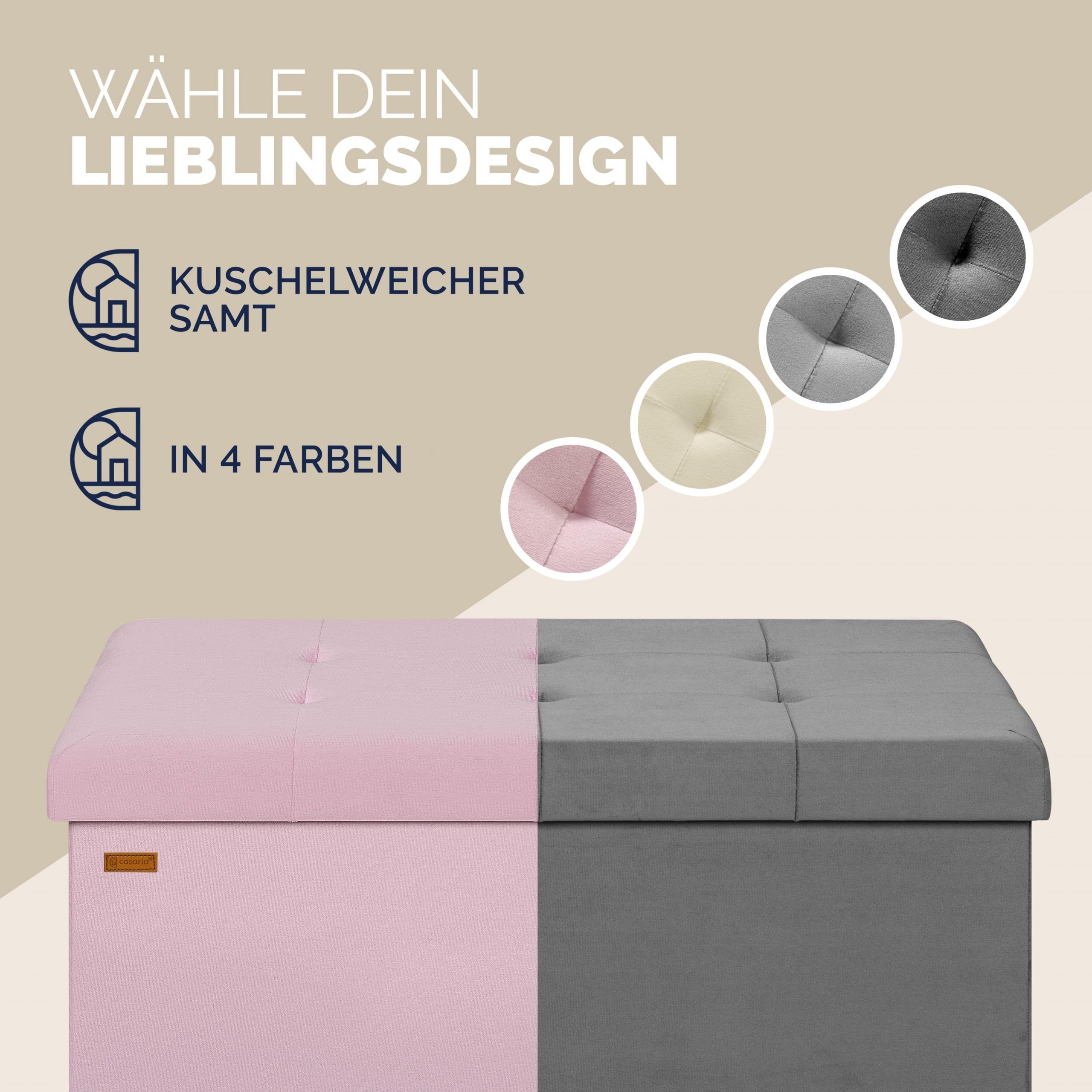 Sitzbank Rosa Samt 76x38x42cm mit Stauraum faltbar