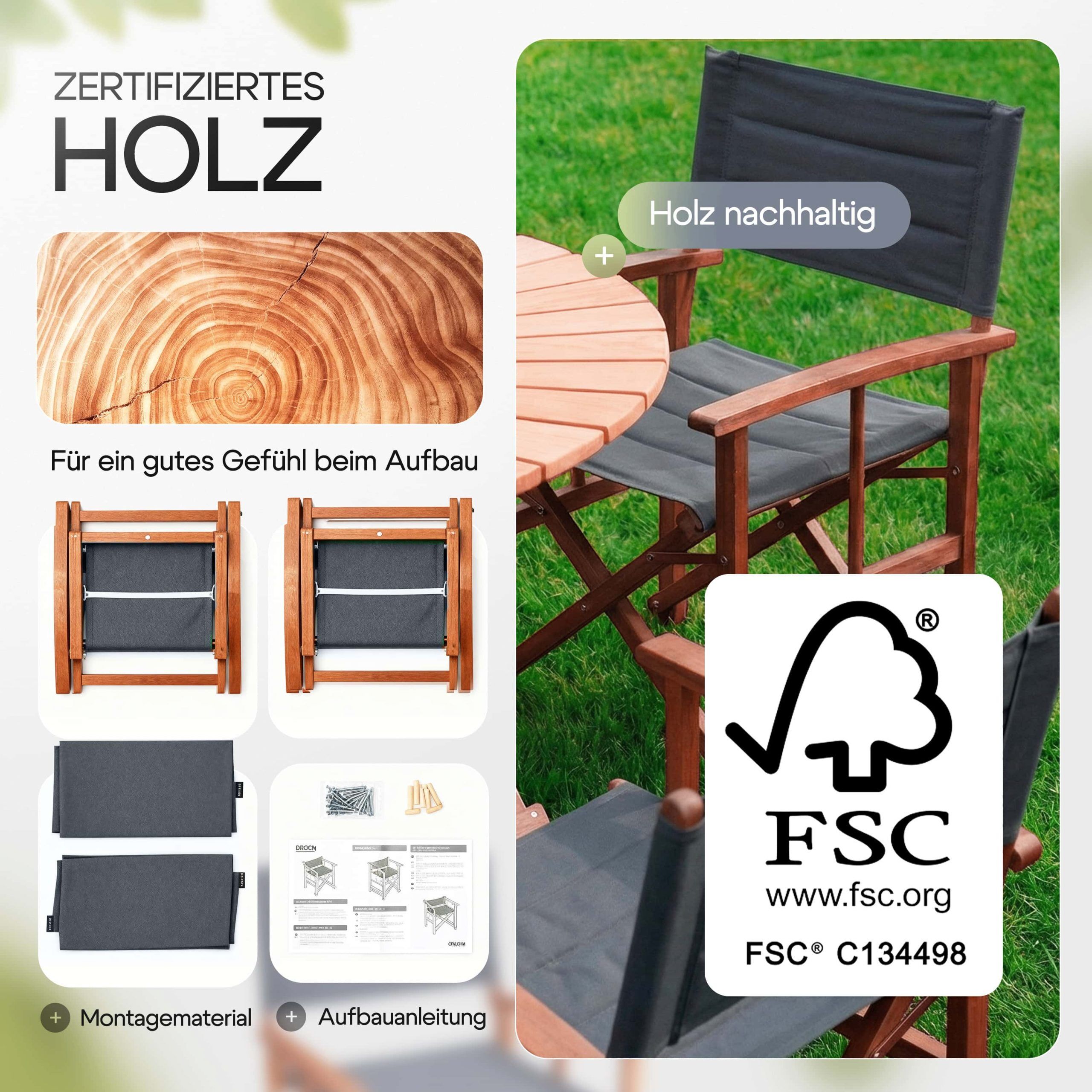 Regiestuhl Anthrazit Eukalyptusholz FSC®-zertifiziert Klappbar Gartenstuhl bis 160kg