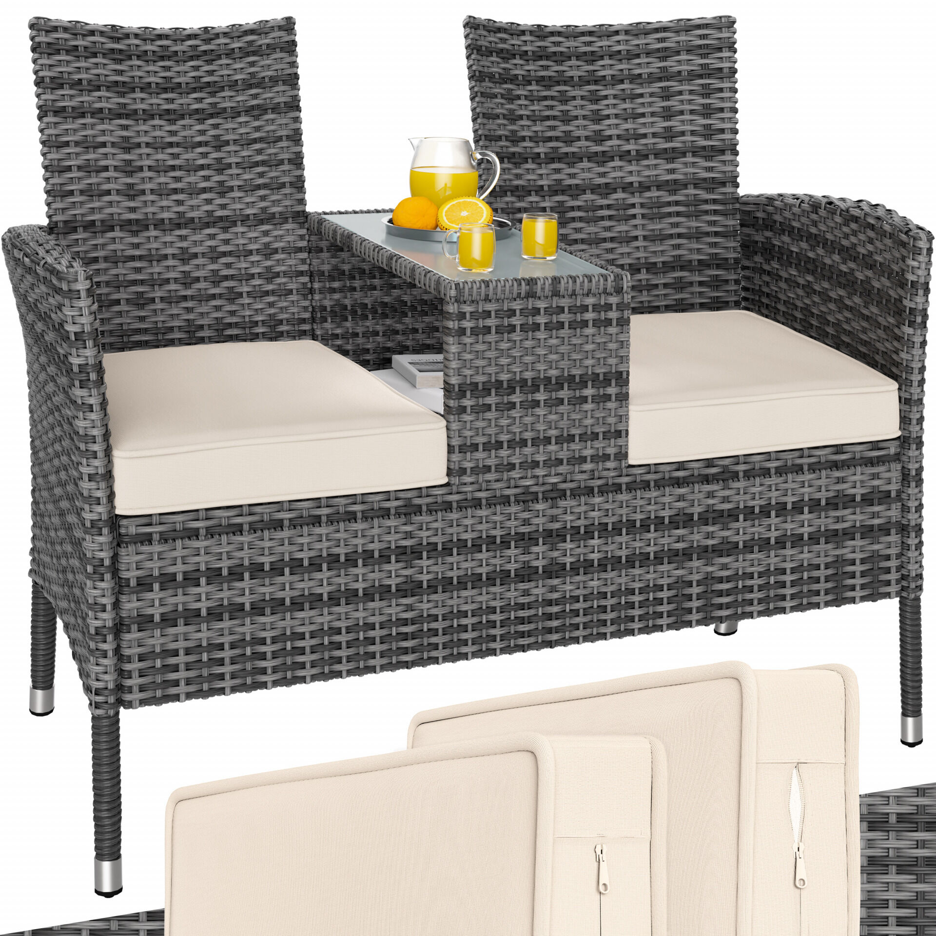 Polyrattan Kino Bank Grau/Beige 145x58x87cm