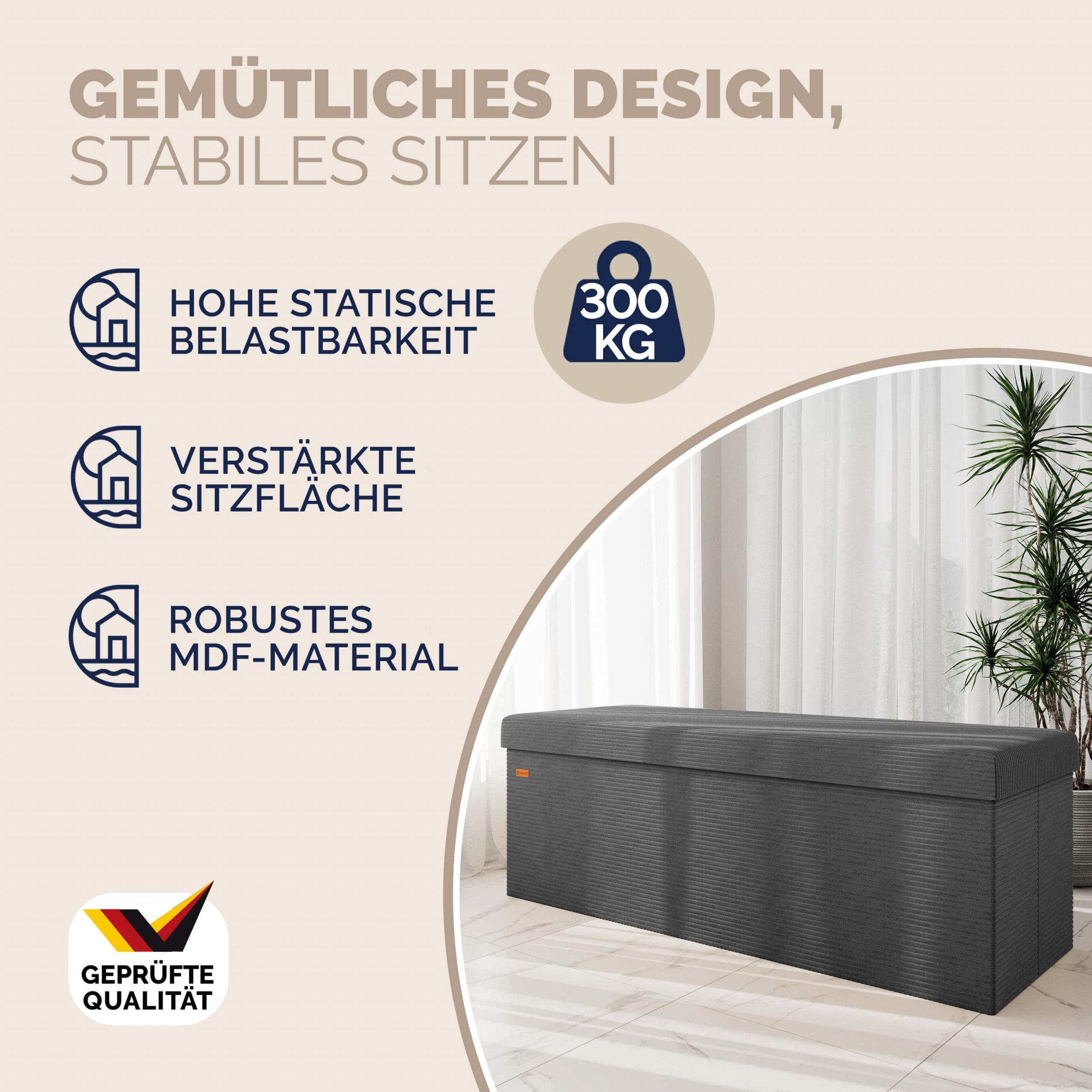 Sitzbank Anthrazit Cord 114x38x38cm MDF faltbar