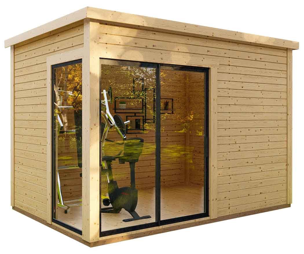 Gartenhaus Sydney 38 Holz Flachdach mit Schiebetür und Fenster
