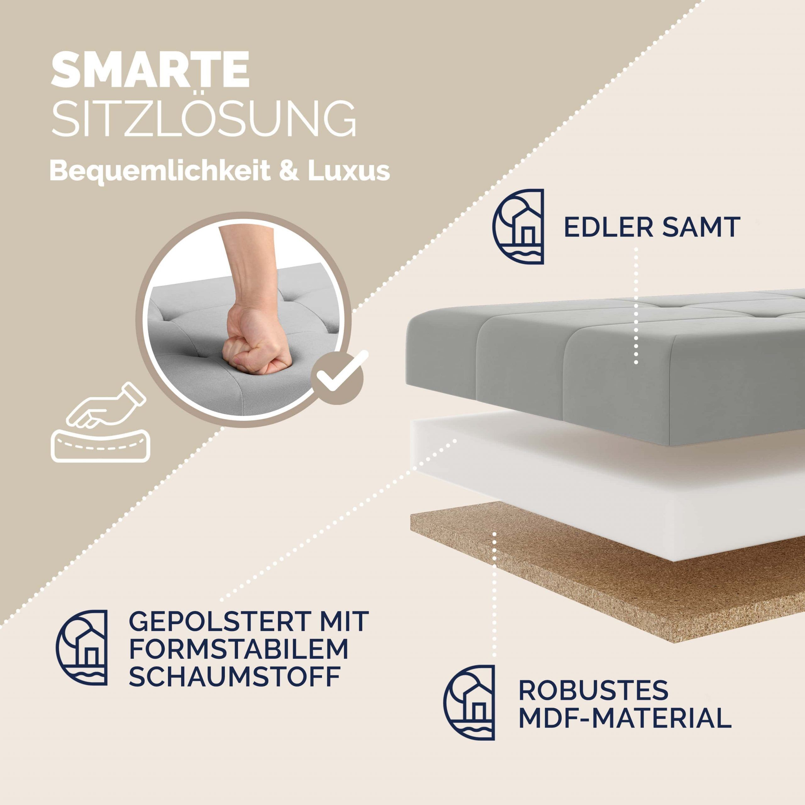 Sitzbank Grau Samt 76x38x42cm mit Stauraum faltbar