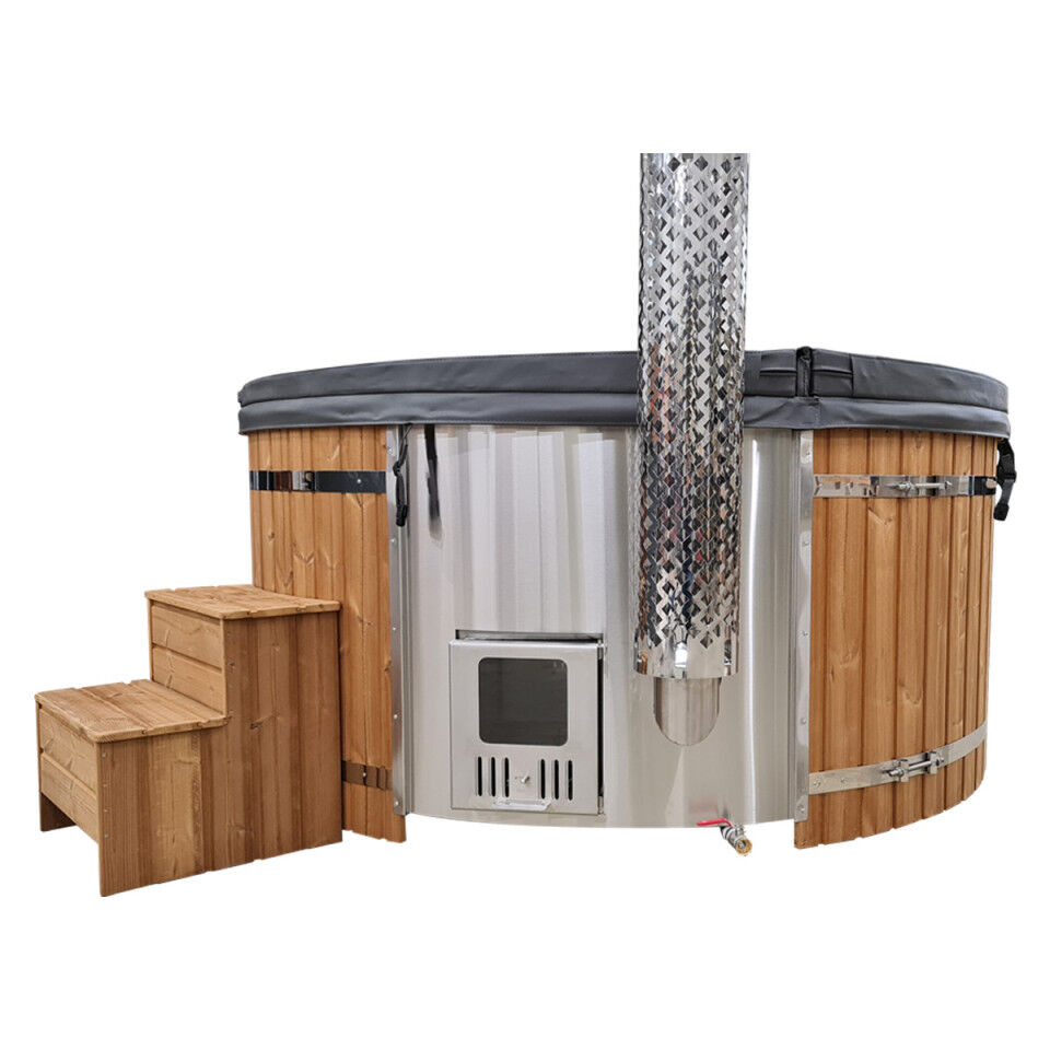 Badefass Prestige rund Thermoholz mit integriertem Holzofen, geschlossene Iso-Abdeckung, Treppe