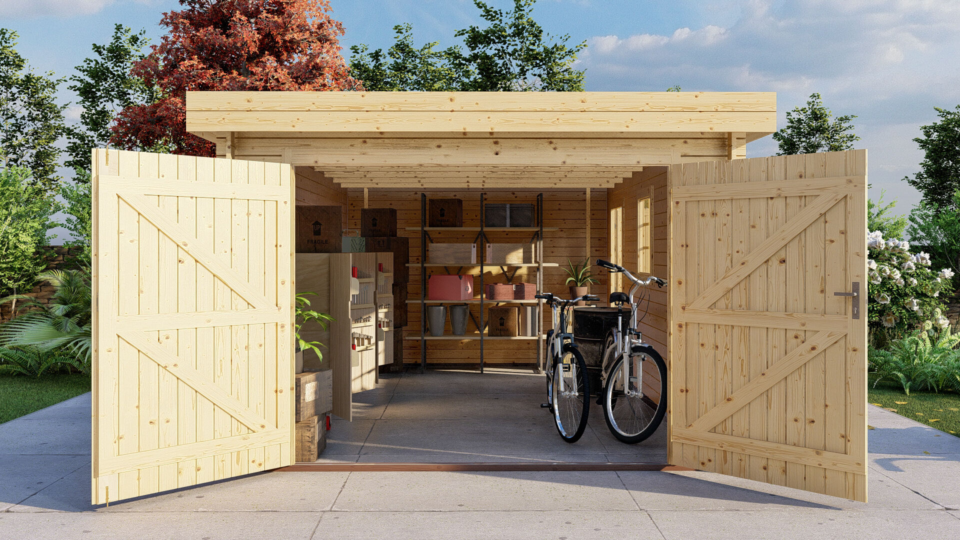 Flachdach Holzgarage Schweden 51 – 28 mm Blockbohlen Garage mit Seitentür & Doppeltor