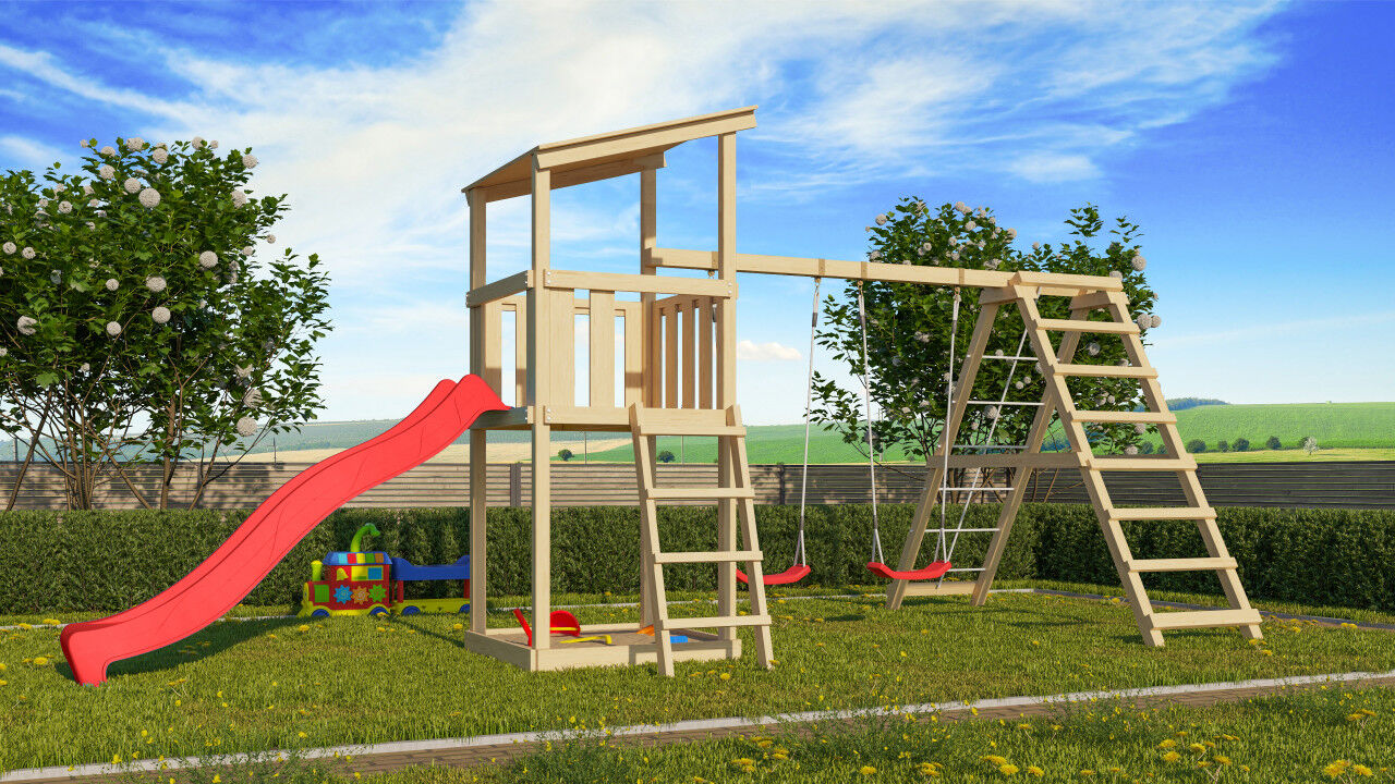 Spielturm Anna SET natur mit Doppelschaukel Klettergerüst und Rutsche rot