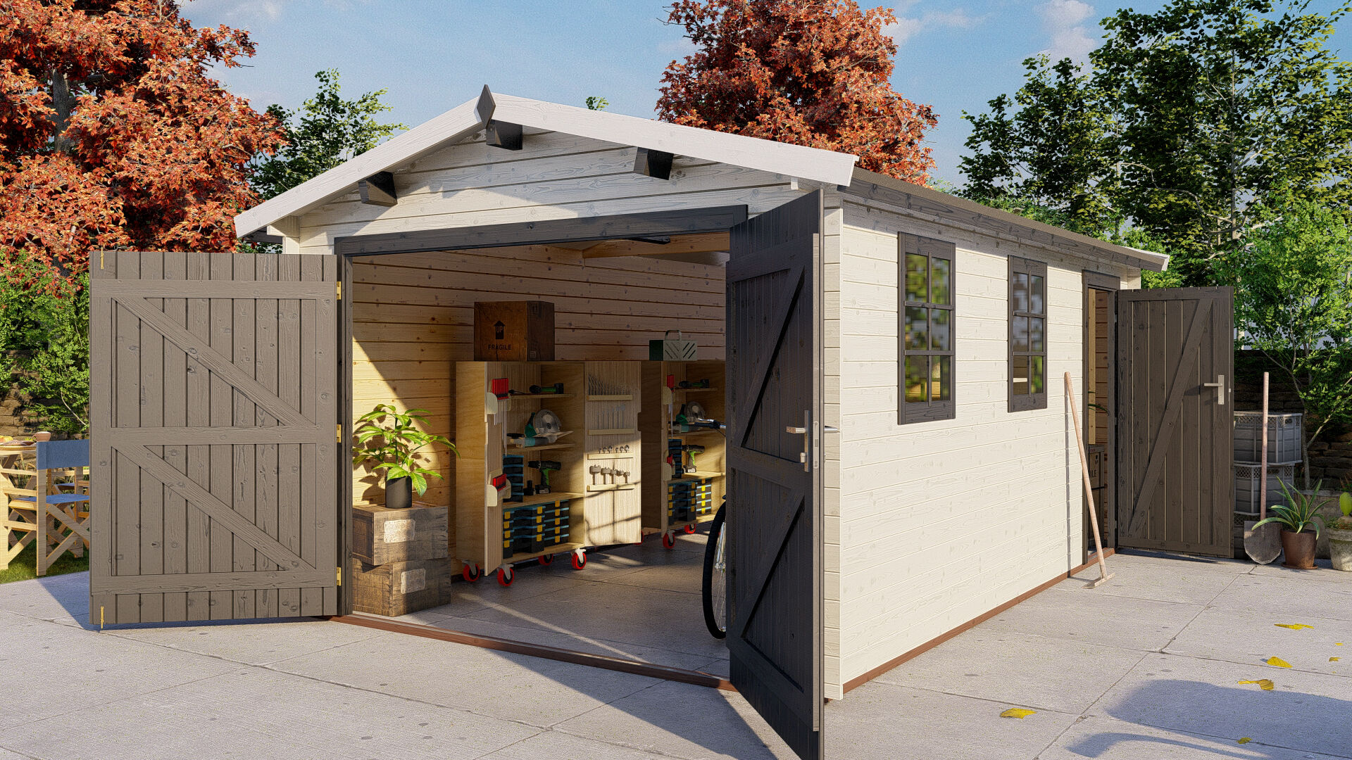 Holzgarage Schweden 41 – 28 mm Blockbohlen Einzelgarage mit Doppeltor