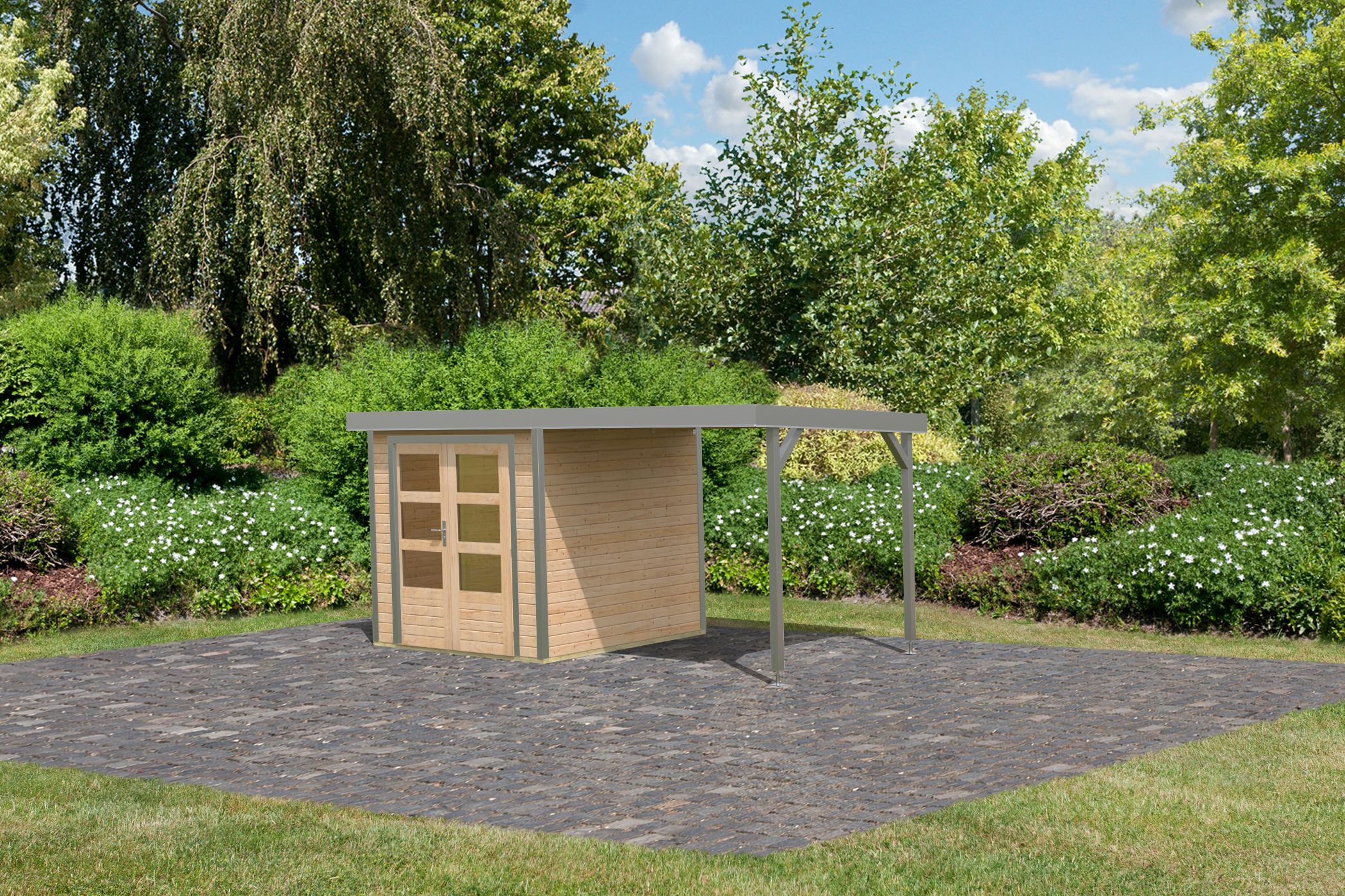 Karibu Pultdach Holz & Metall Gartenhaus Jupiter 2 Set mit Anbaudach 2,35 m, naturbelassen / graualuminium