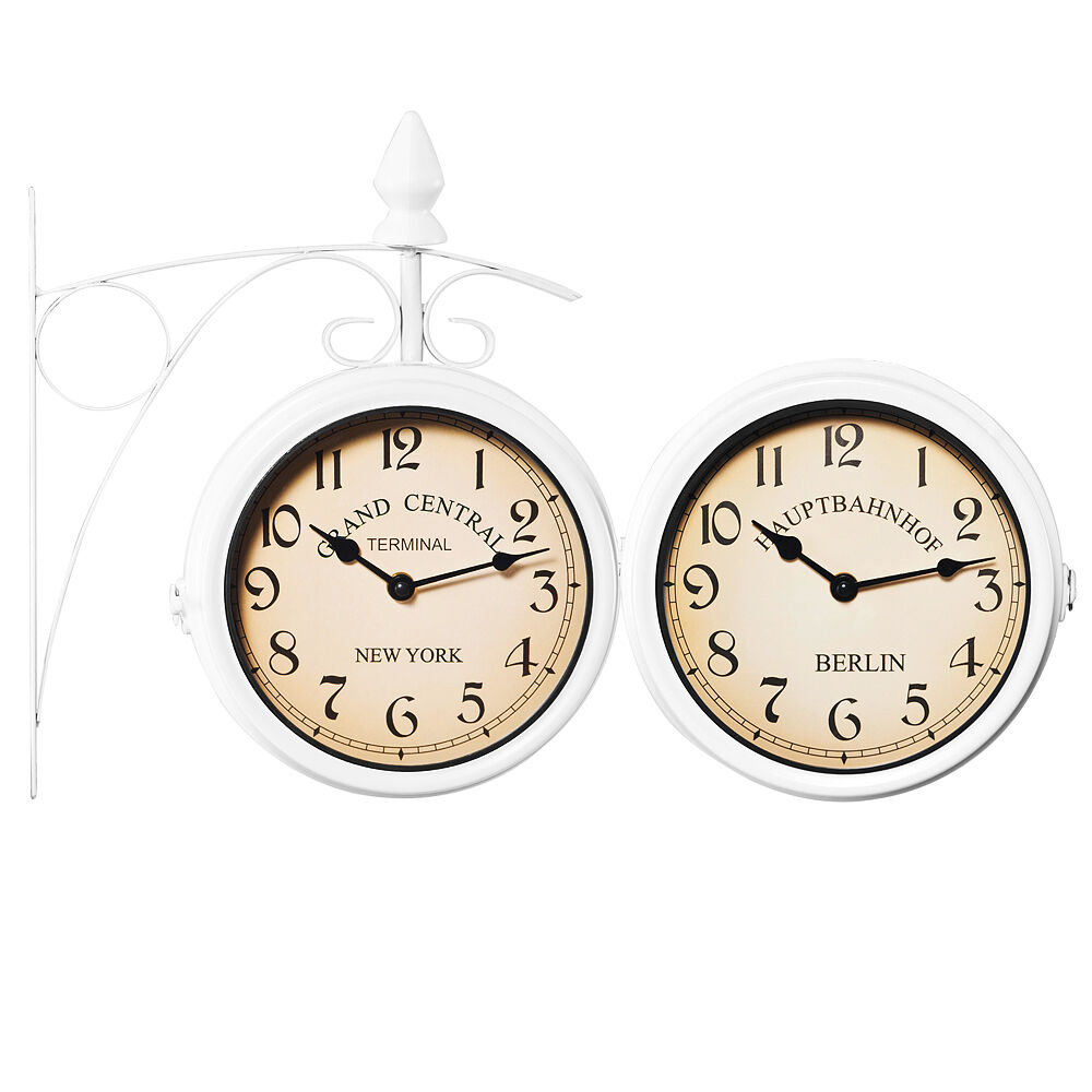Retrolook Bahnhofsuhr Weiß zweiseitig