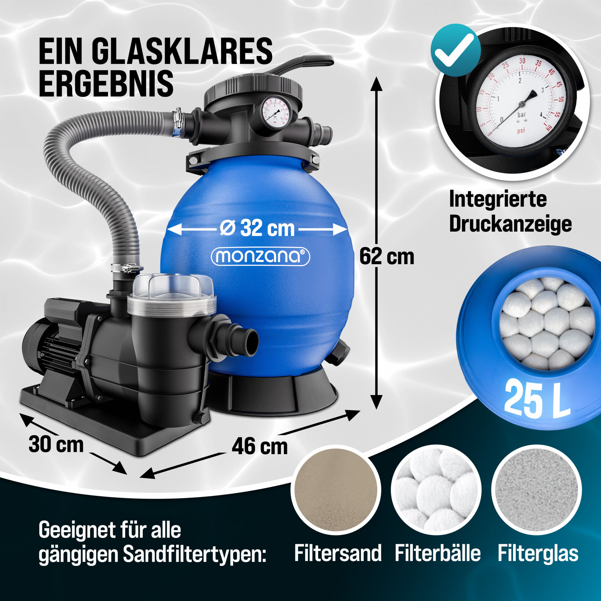 Sandfilteranlage Pool 9600 L/h mit Vorfilter 7-Wege Ventil