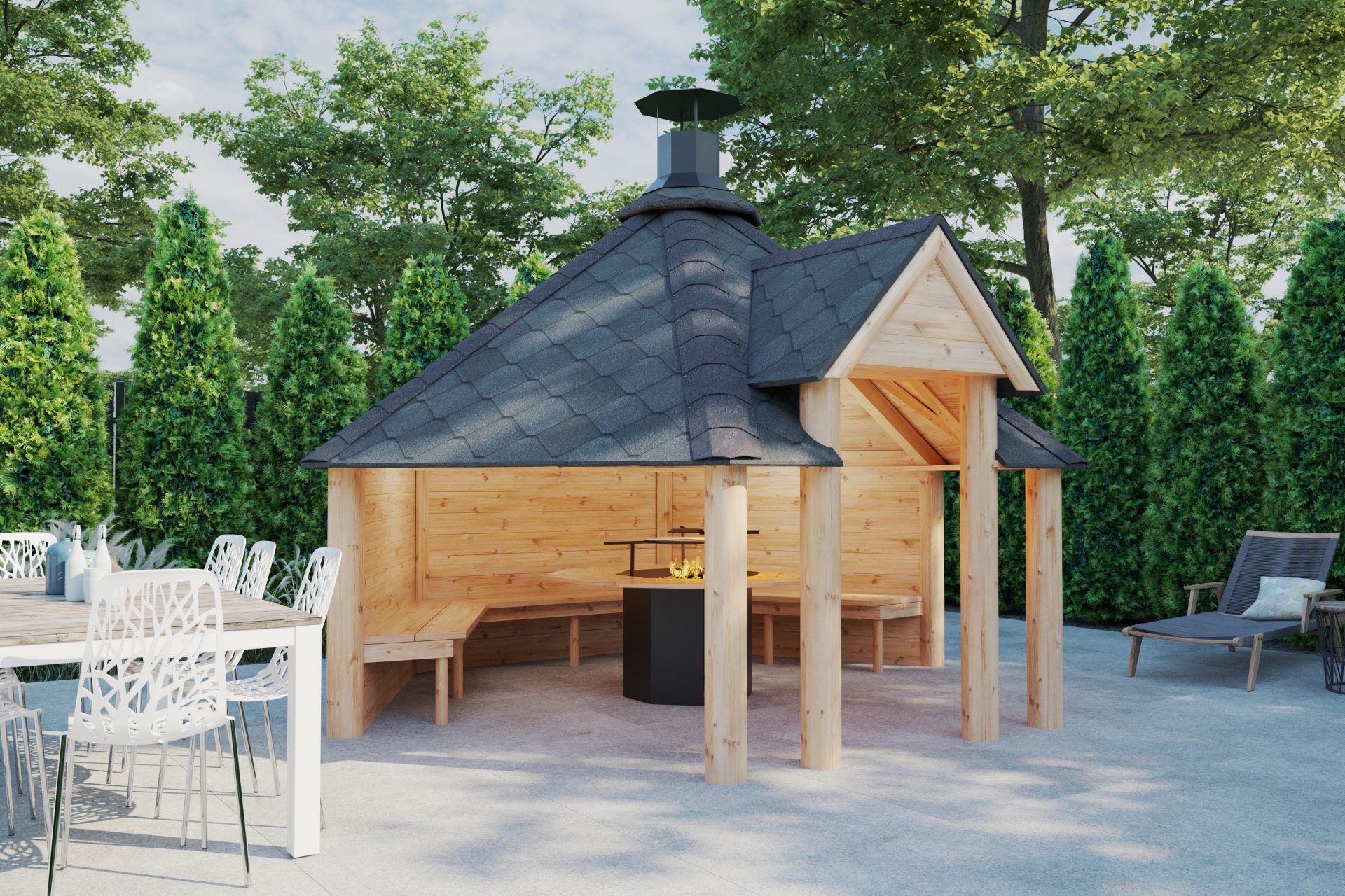 Grillhütte im Garten auf Pflastersteine