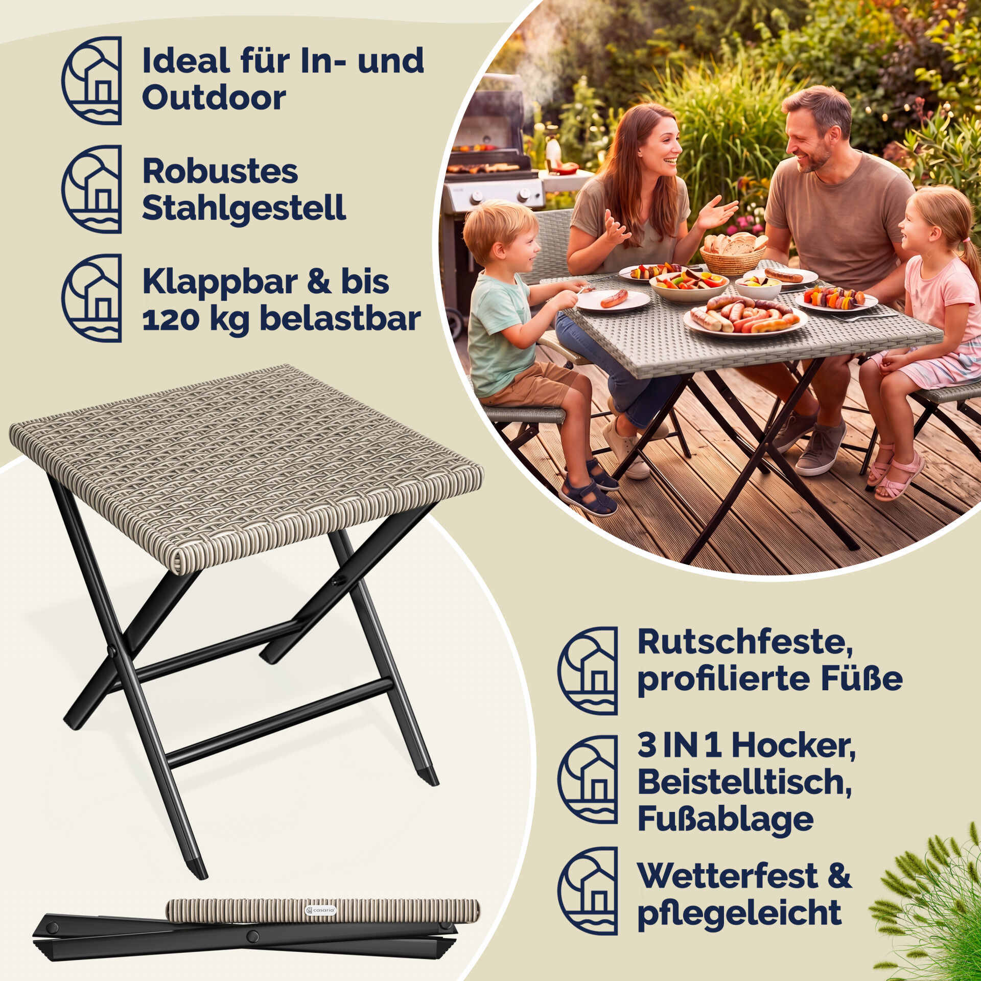 Polyrattan Klapphocker Creme 3in1 120kg Belastbarkeit 43x40x44cm klappbar leicht tragbar außen wetterfest