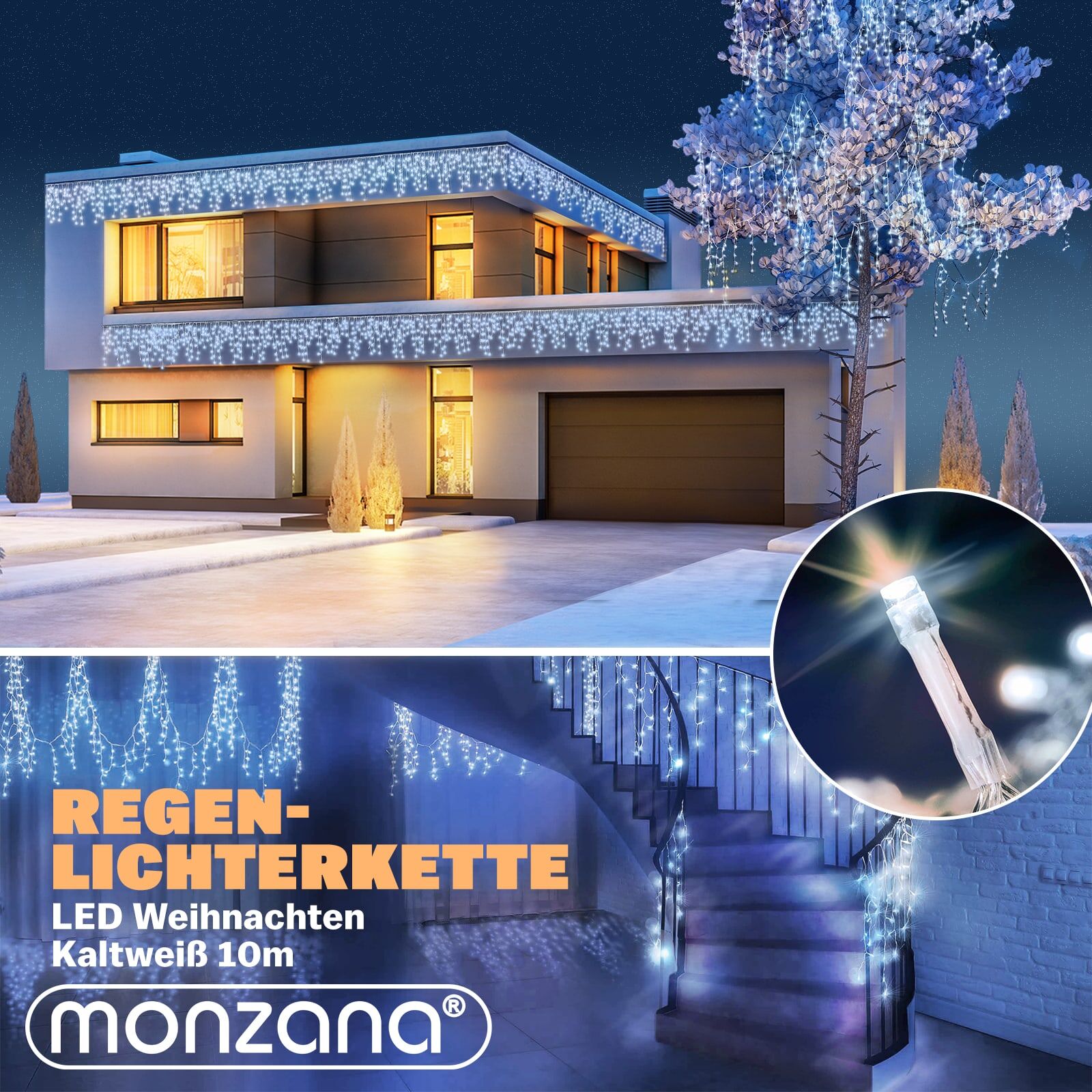 Regenlichterkette LED Weihnachten Kaltweiß 10m Fernbedienung