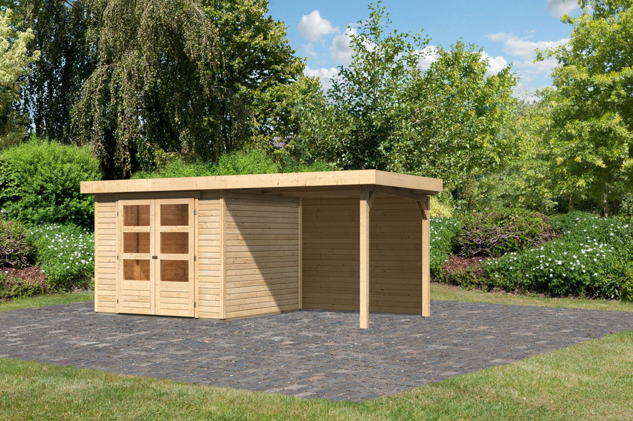 Flachdach Gartenhaus Askola 3,5 im Set mit Anbaudach 2,40 m und 19 mm Rückwand natur