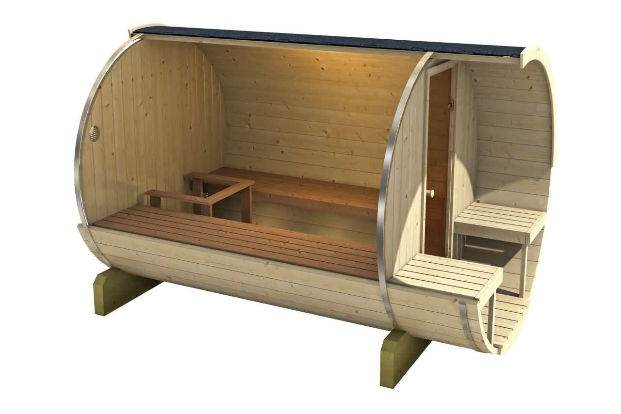 Finn Art Fass-Sauna Tommi / Mika Innenansicht mit Bänken und Ofenumrandung