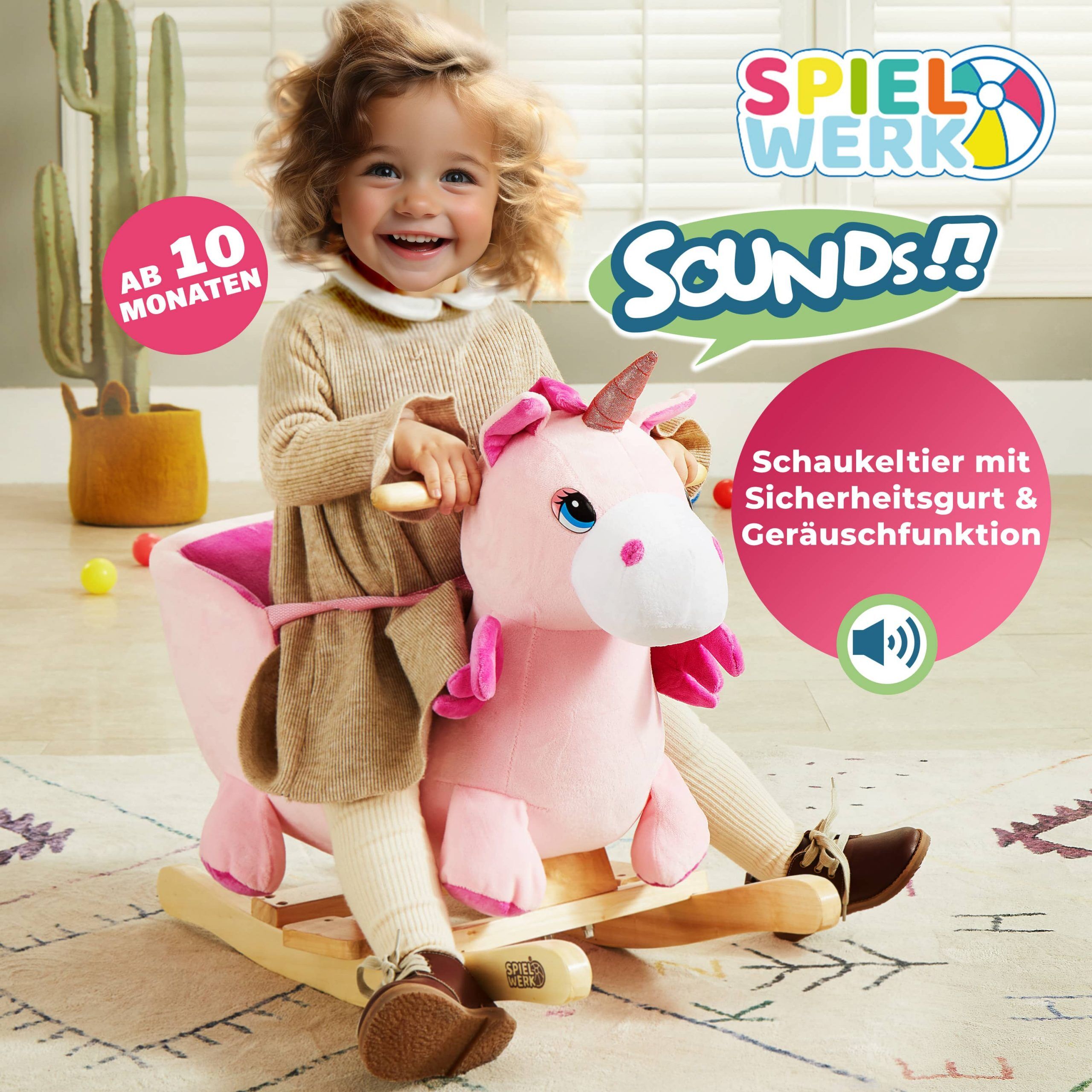 Schaukeltier Einhorn Rosa mit Sicherheitsgurt
