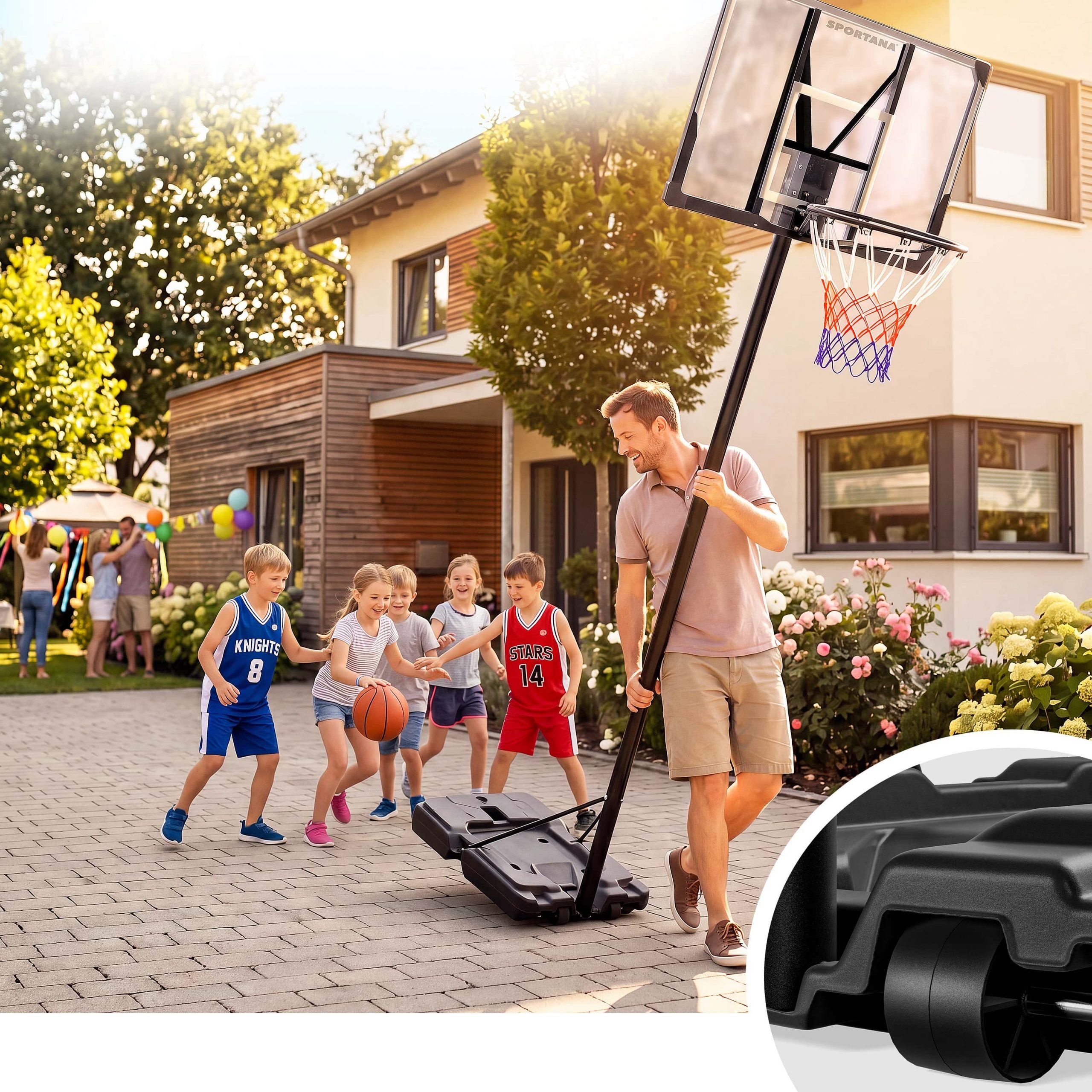 Basketballkorb Outdoor höhenverstellbar 135 –305 cm stabil wetterfest mit Ständer 60 kg Sockel Rollen