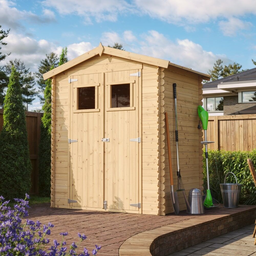 Gartenhaus Otto M367 frontale und seitliche Ansicht rechts mit Ambiente
