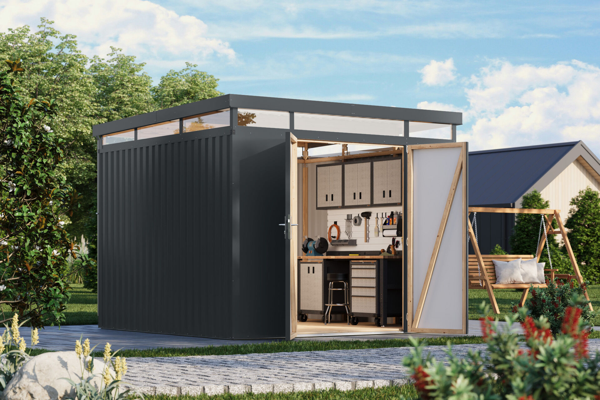 Karibu Flachdach Metall Gartenhaus Aurum 3,5, graualuminium
