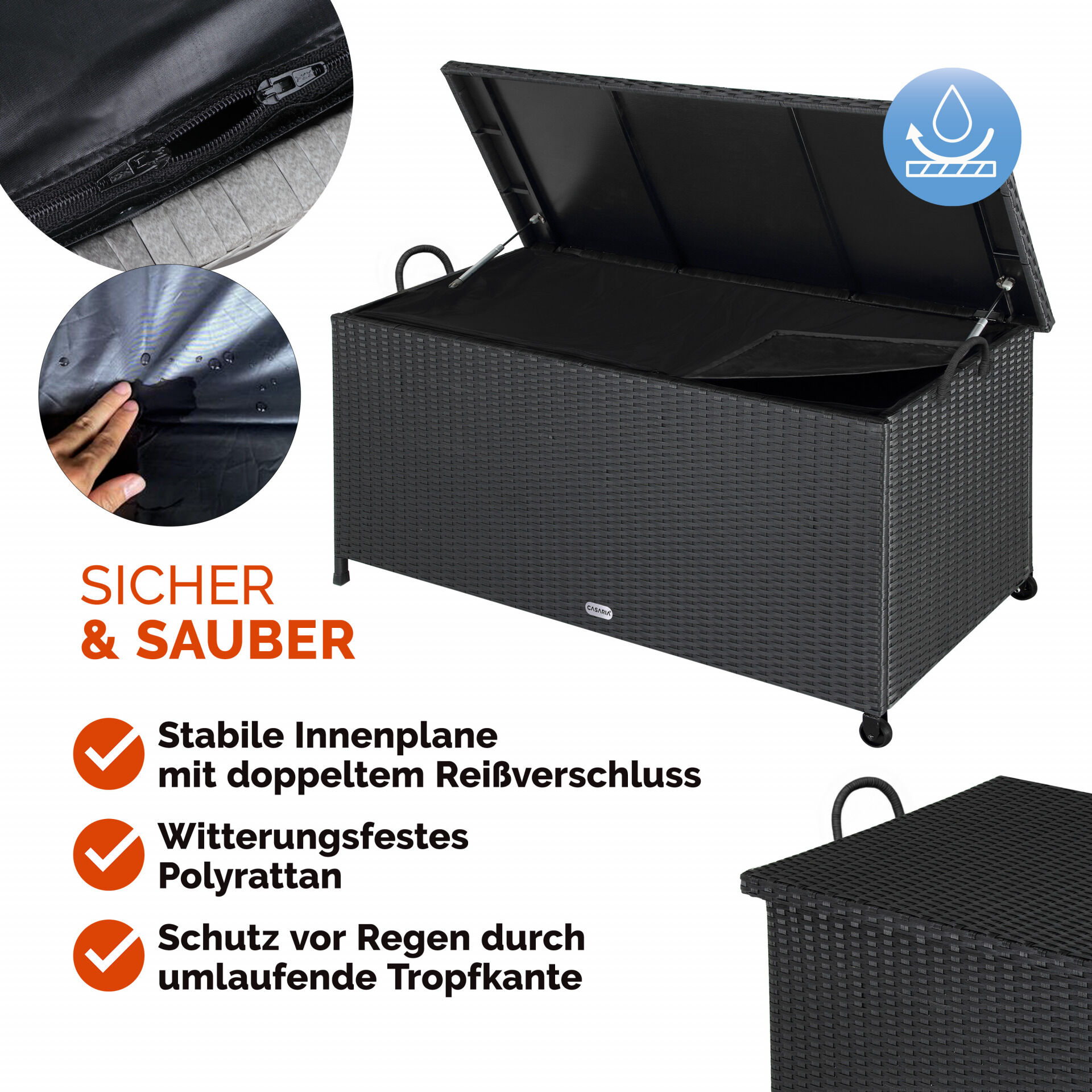 Gartenbox Polyrattan Schwarz 117x53x60cm mit Griffen + Rollen