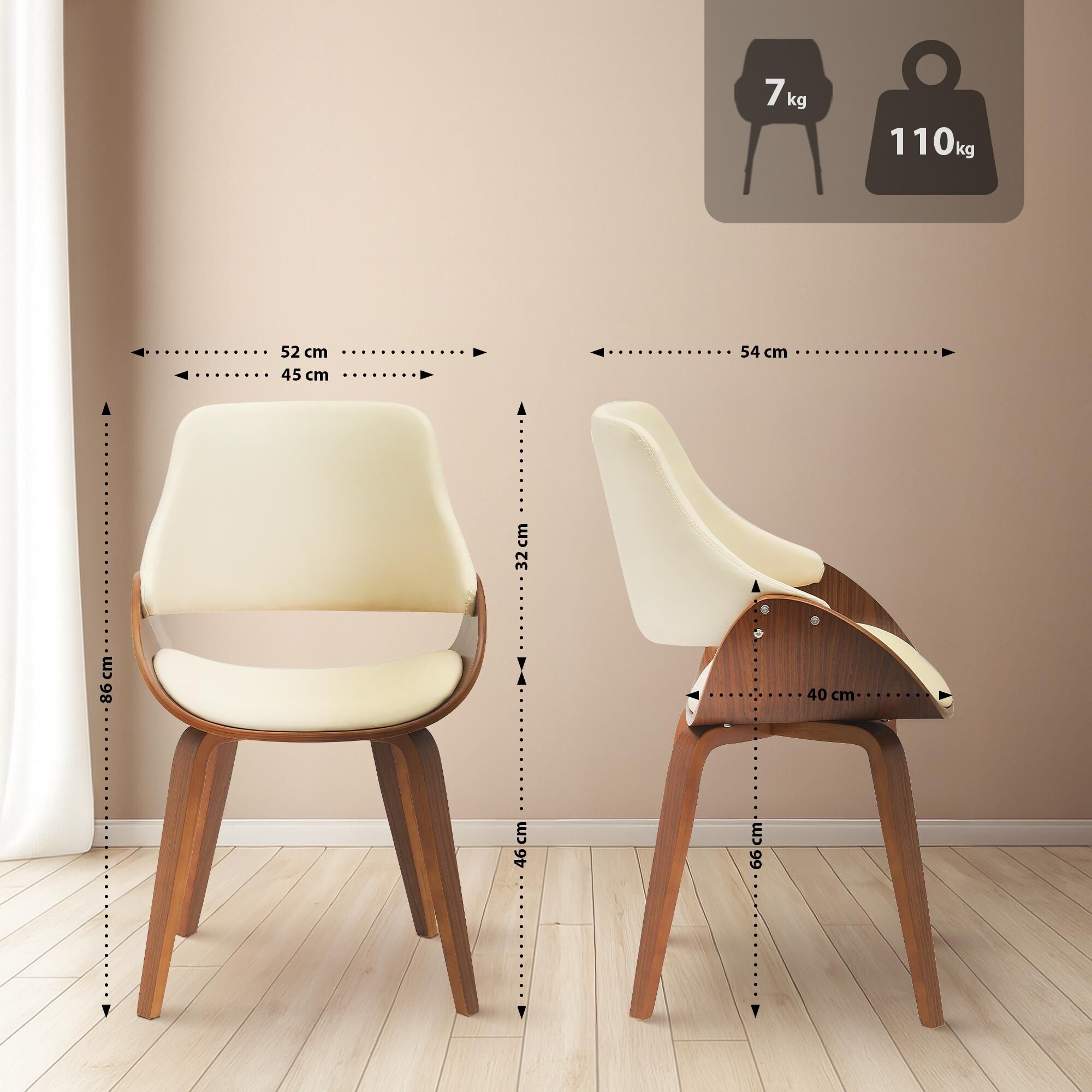 2er Set Esszimmerstuhl Vangale, walnuss/creme