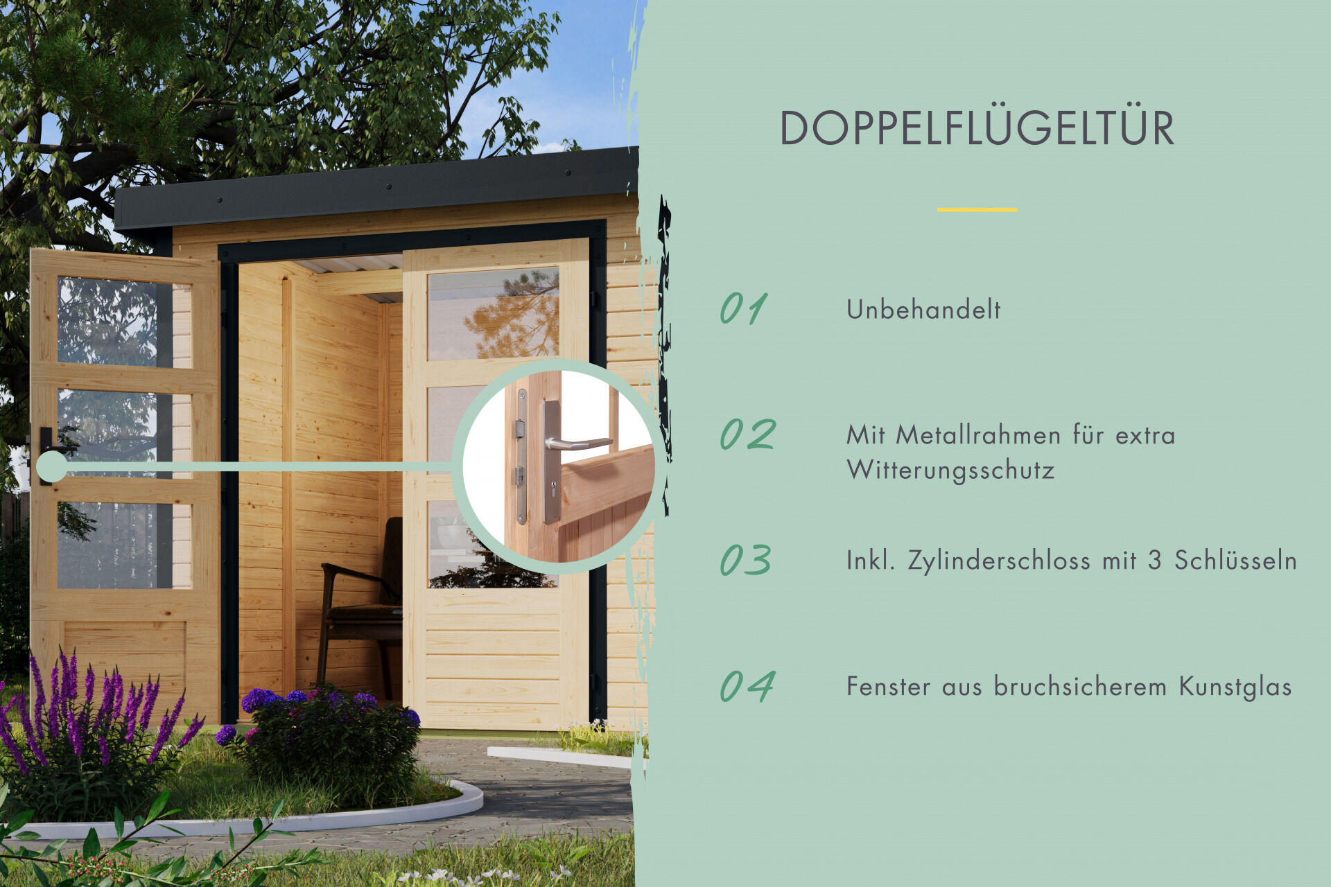Karibu Pultdach Holz & Metall Gartenhaus Jupiter 3,5 Set mit Anbaudach 2,35 m, naturbelassen / graualuminium
