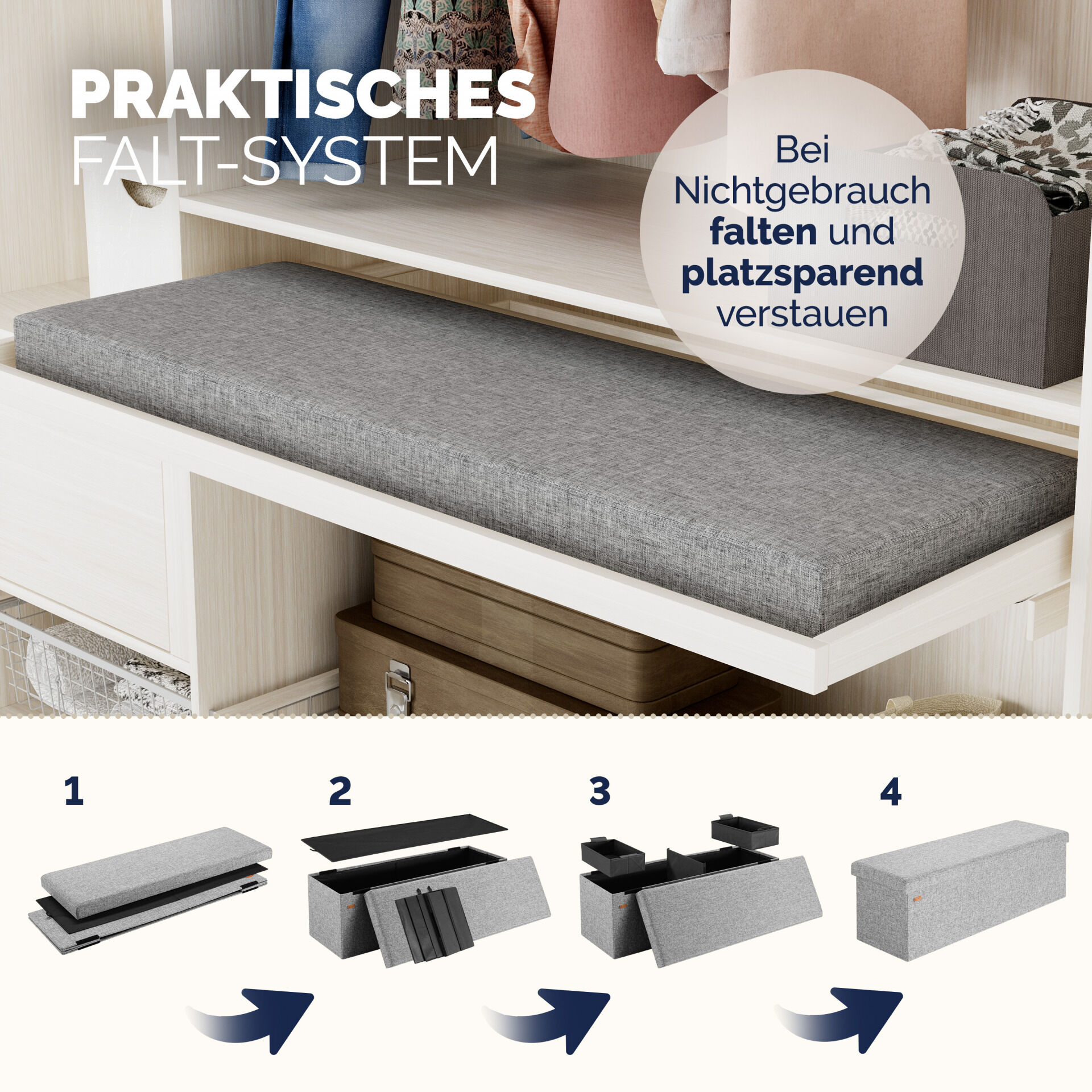 Sitzbank Grau 115x38x38cm mit Stauraum faltbar