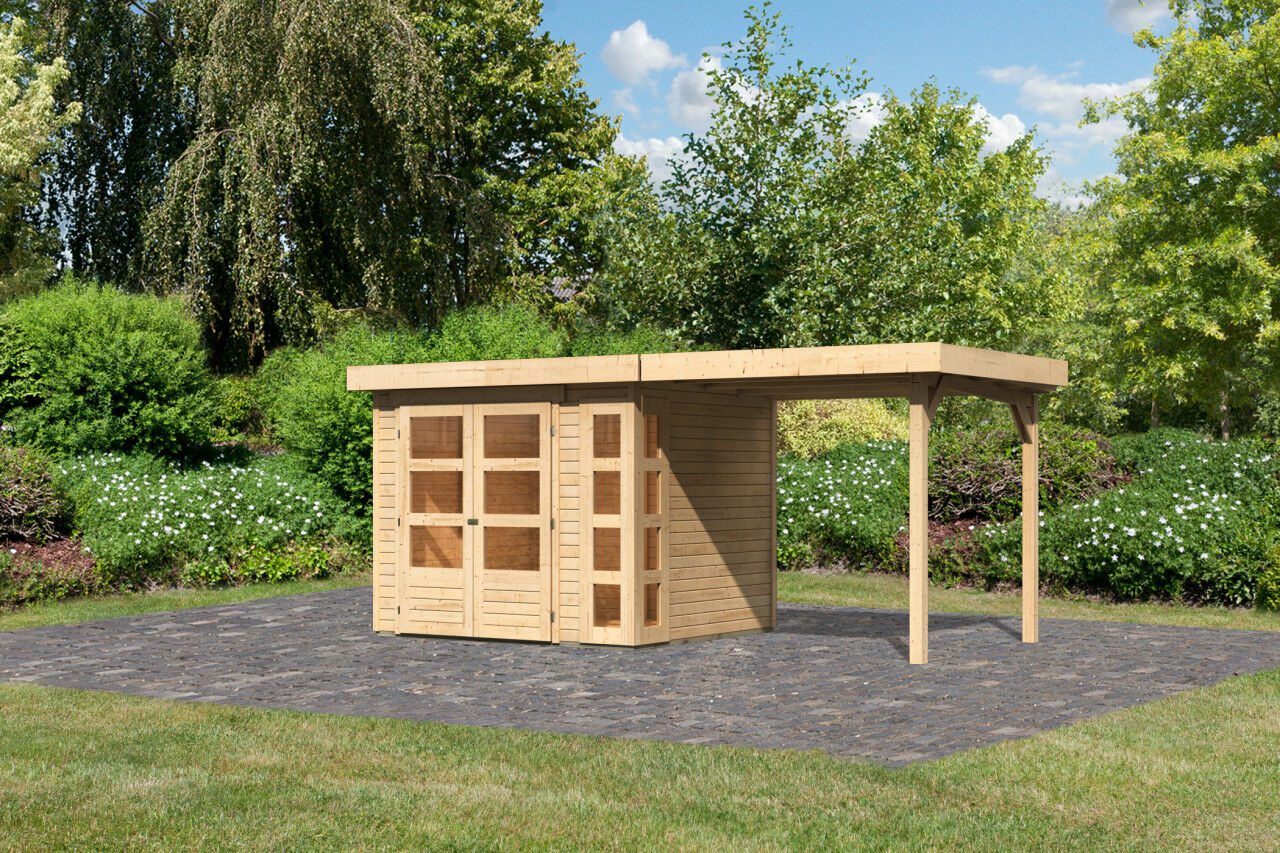 Flachdach Gartenhaus Kerko 3 im Set mit Anbaudach 2,40 m natur