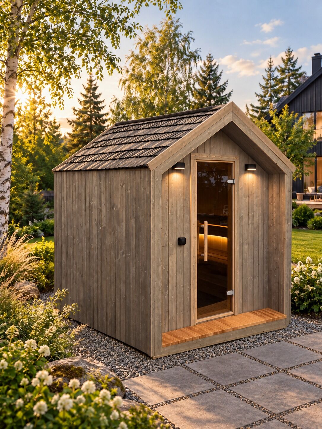 Saunahaus mit Panoramascheibe für 6 Personen – Fjord Gartensauna isoliert