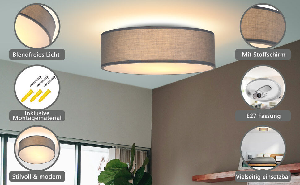 Deckenlampe Grau Stoff Ø30cm
