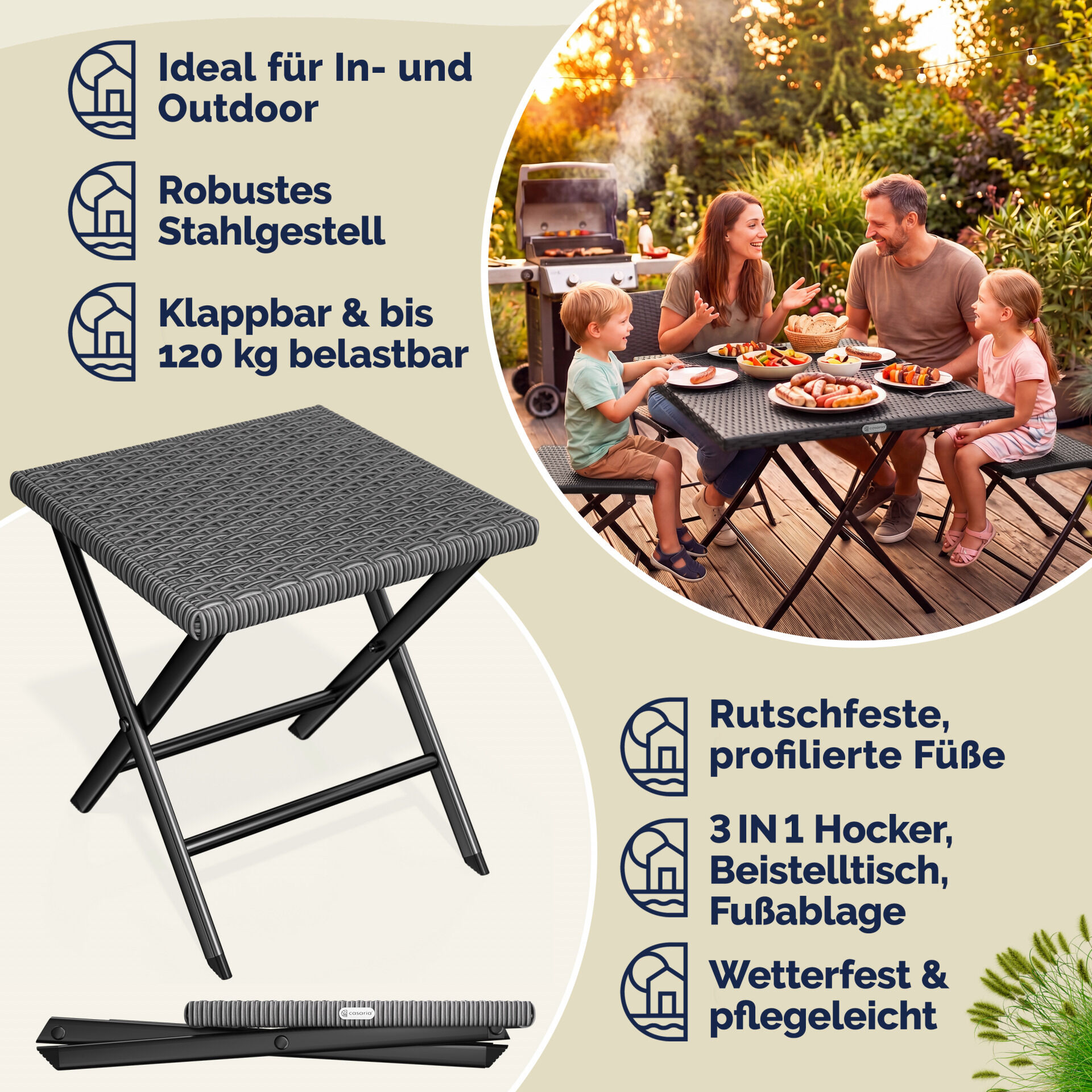 Polyrattan Klapphocker Anthrazit 3in1 120kg Belastbarkeit 43x40x44cm klappbar leicht tragbar außen wetterfest