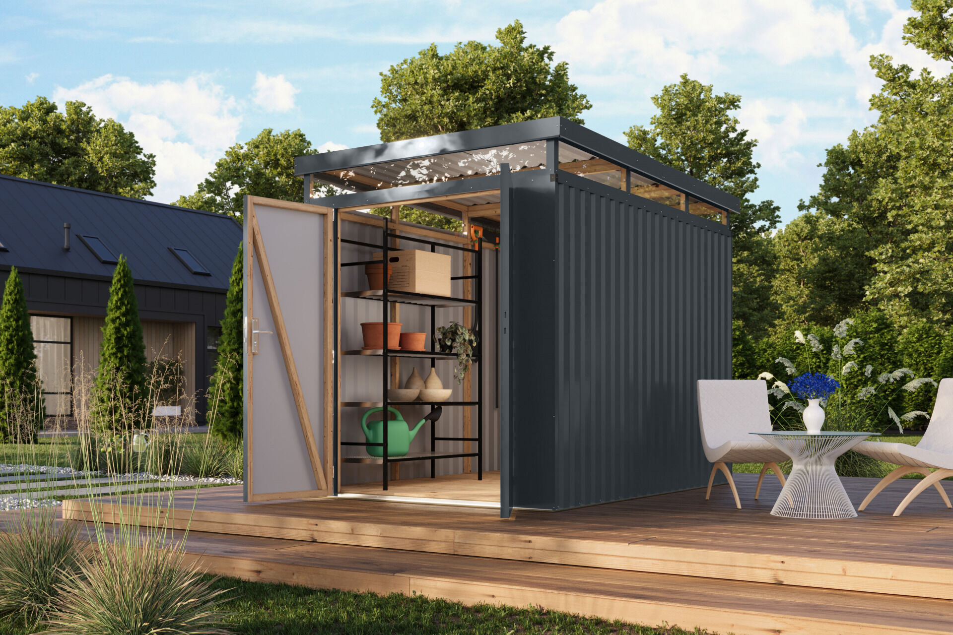 Karibu Flachdach Metall Gartenhaus Aurum 2,5, graualuminium