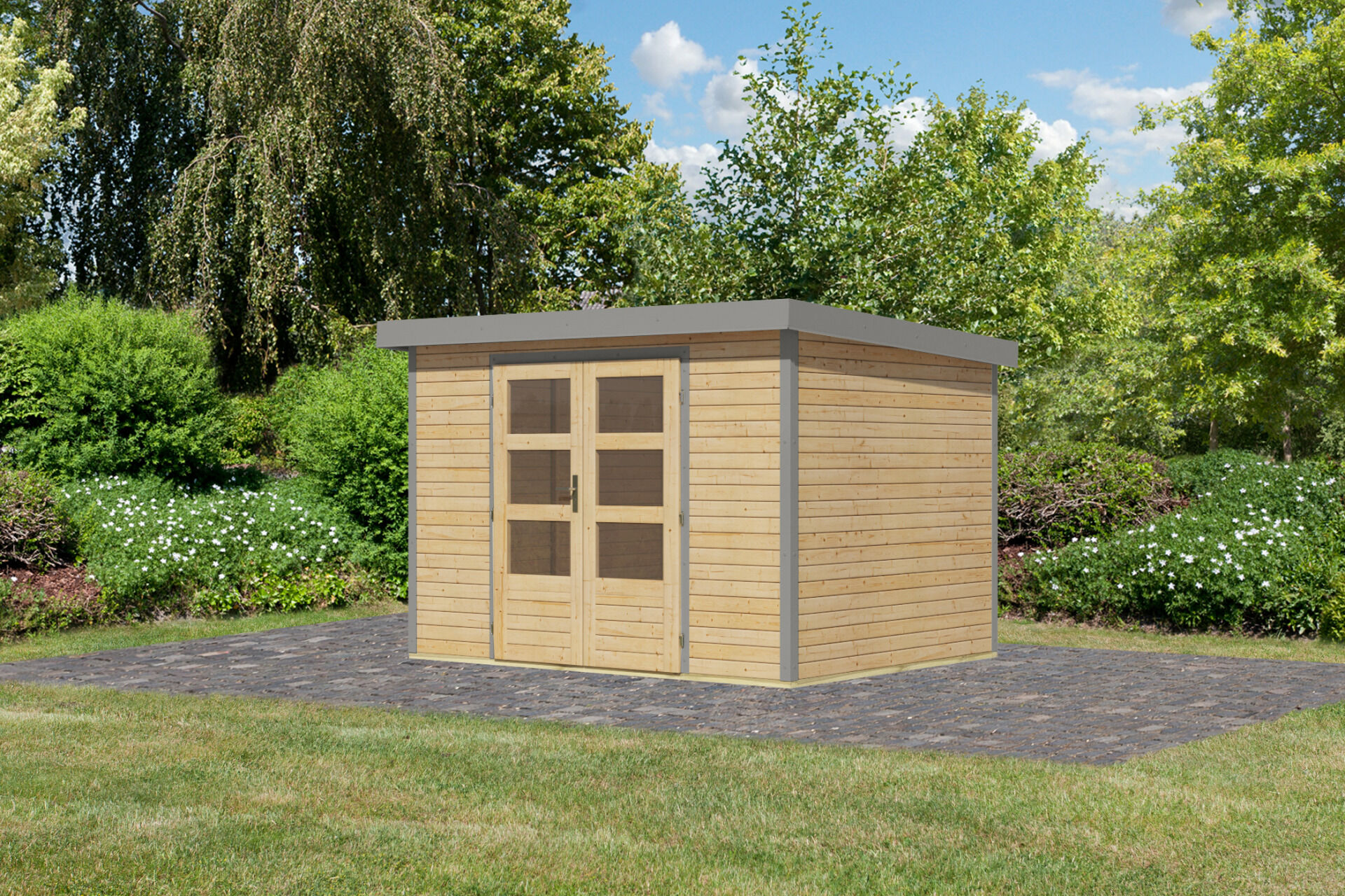 Karibu Pultdach Holz & Metall Gartenhaus Jupiter 4, naturbelassen / graualuminium