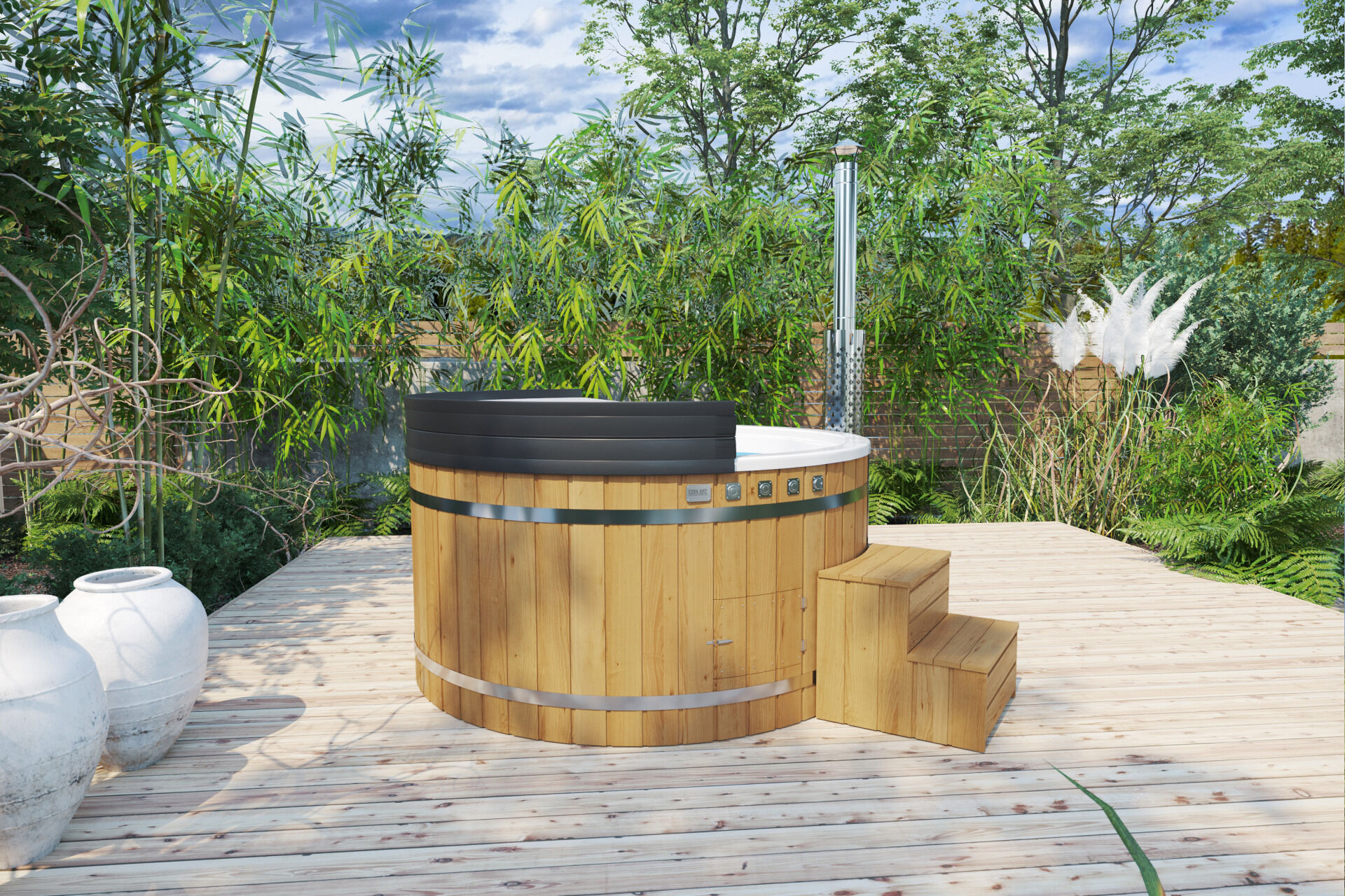 Badefass Prestige rund Thermoholz mit weißem Einsatz und Iso-Deckel, Seitenansicht mit Treppe, Taster und Revisionsklappe