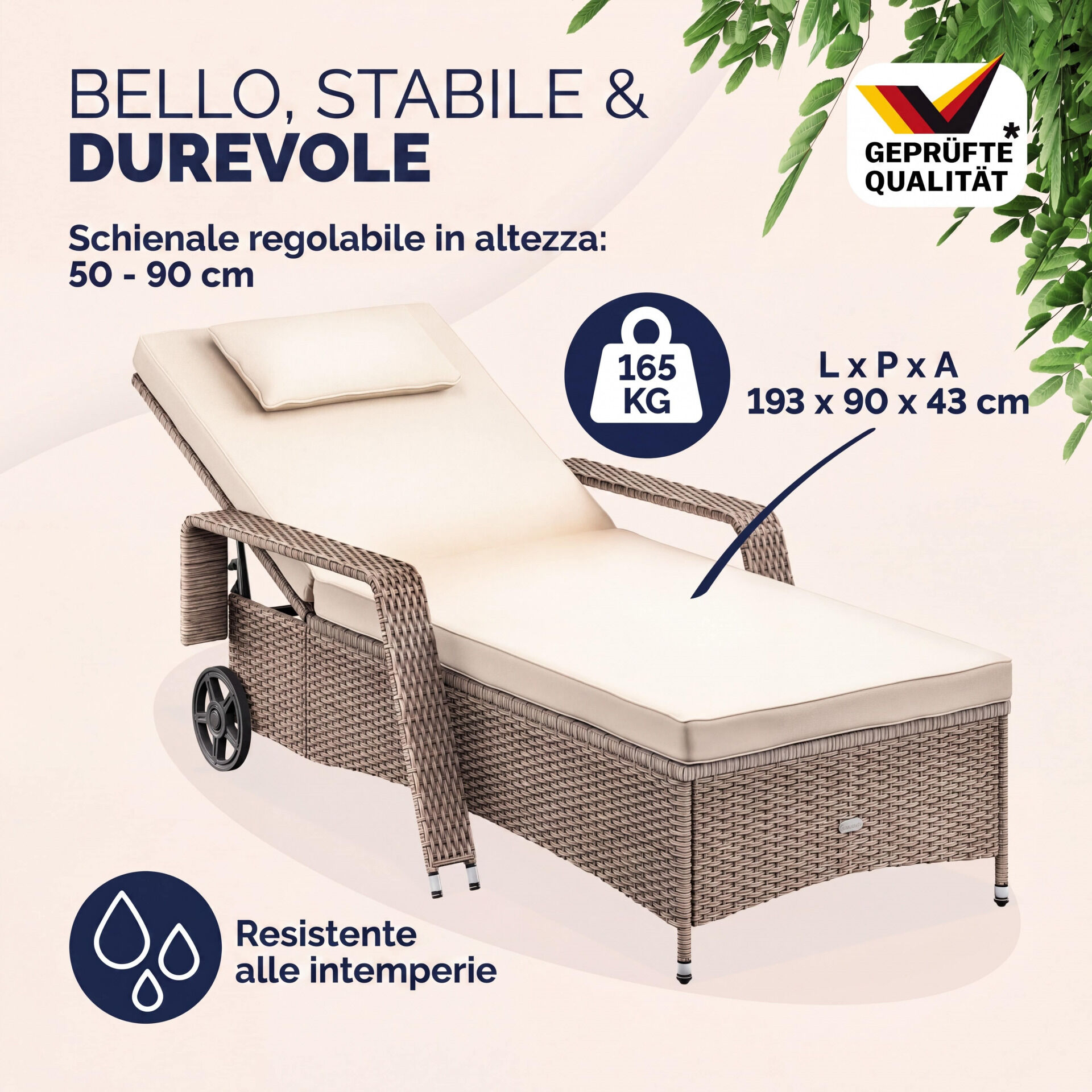 Polyrattan Gartenliege Creme/Creme 193x90x43cm