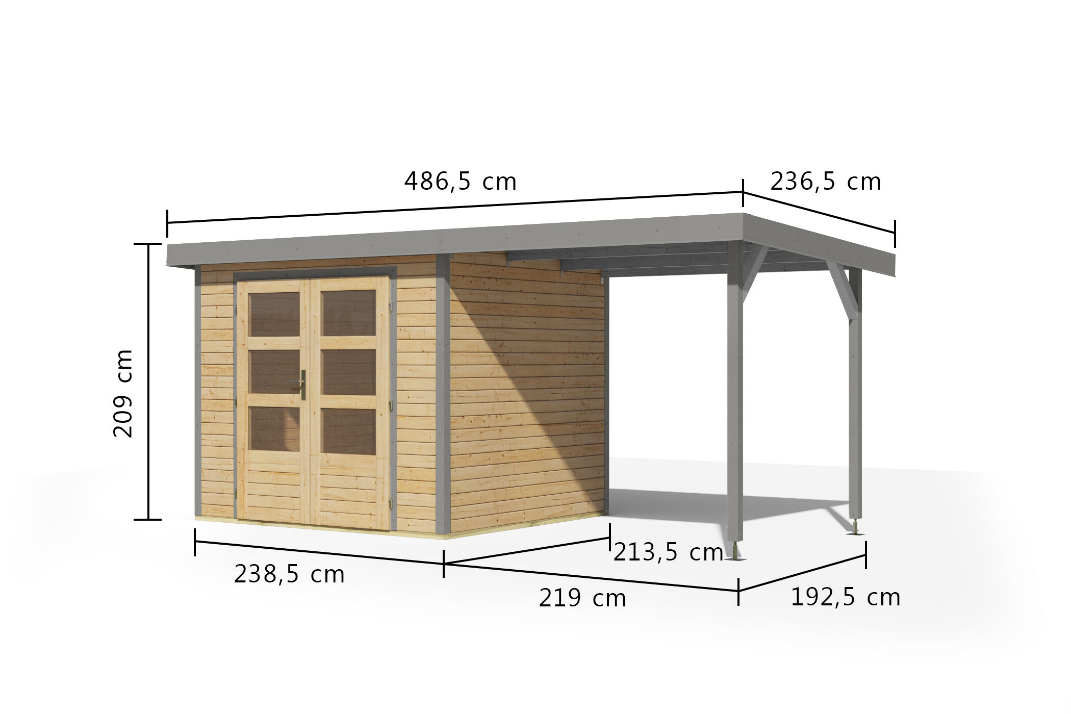 Karibu Pultdach Holz & Metall Gartenhaus Jupiter 3 Set mit Anbaudach 2,35 m, naturbelassen / graualuminium