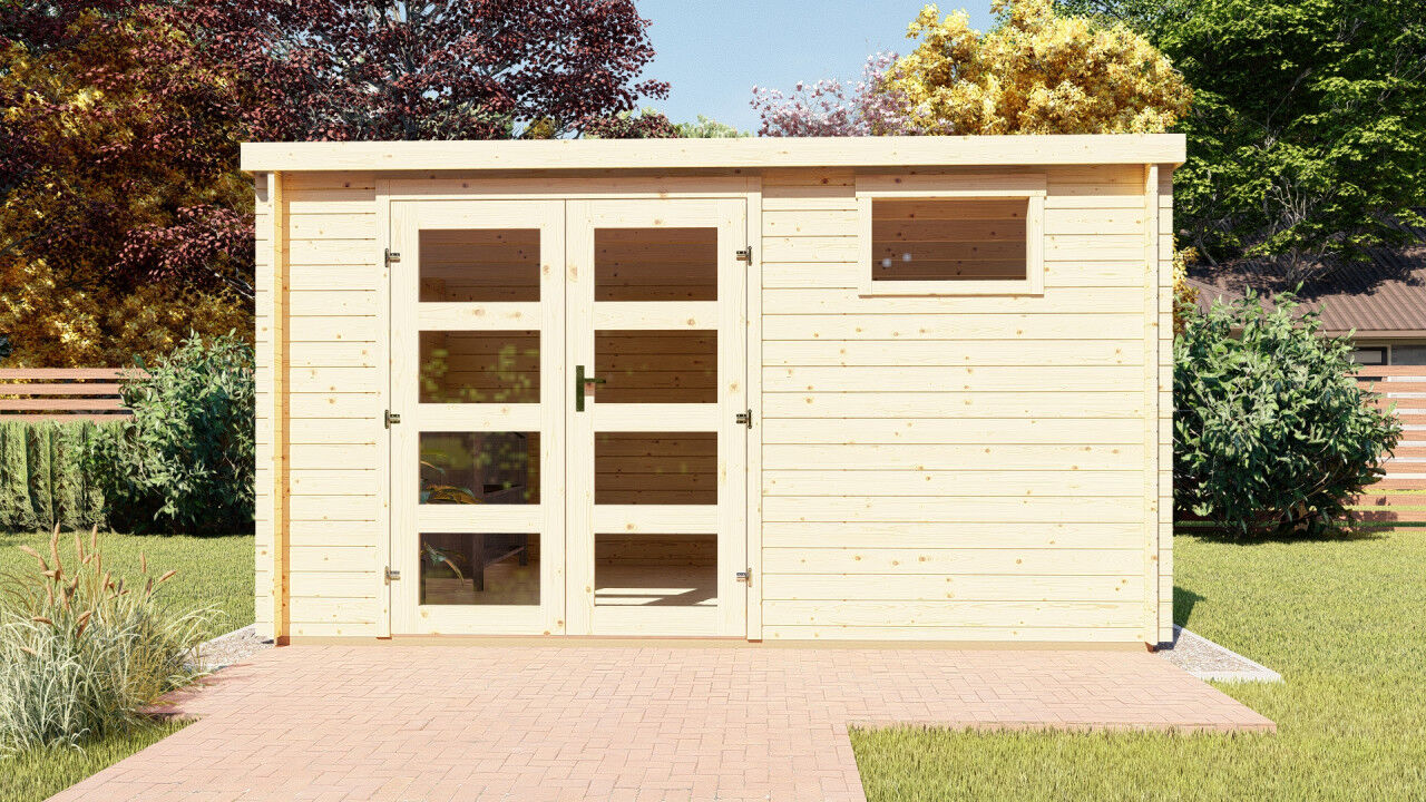 Gartenhaus Flachdach Funny 6 aus Holz mit Doppeltür – robustes Blockbohlenhaus