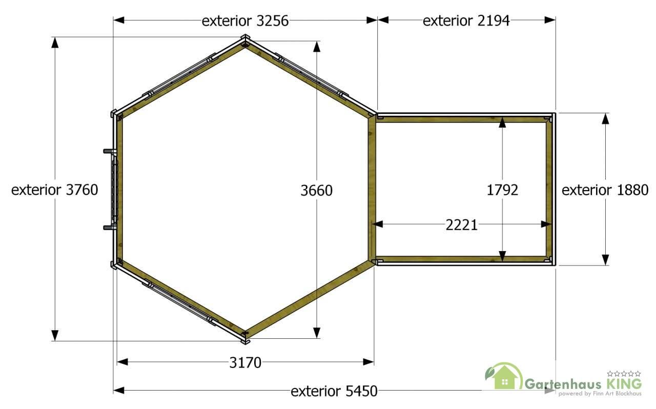 Grundriss Grillkota Finnland Premium 9,2 mit Anbau bemaßt