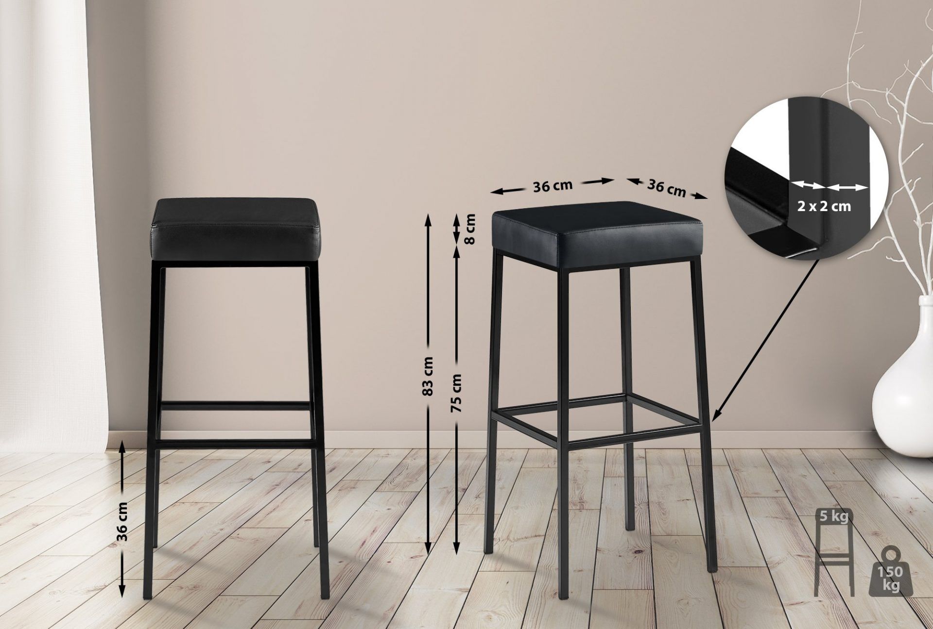 2er Set Barhocker Montreal 85 Kunstleder schwarz, schwarz