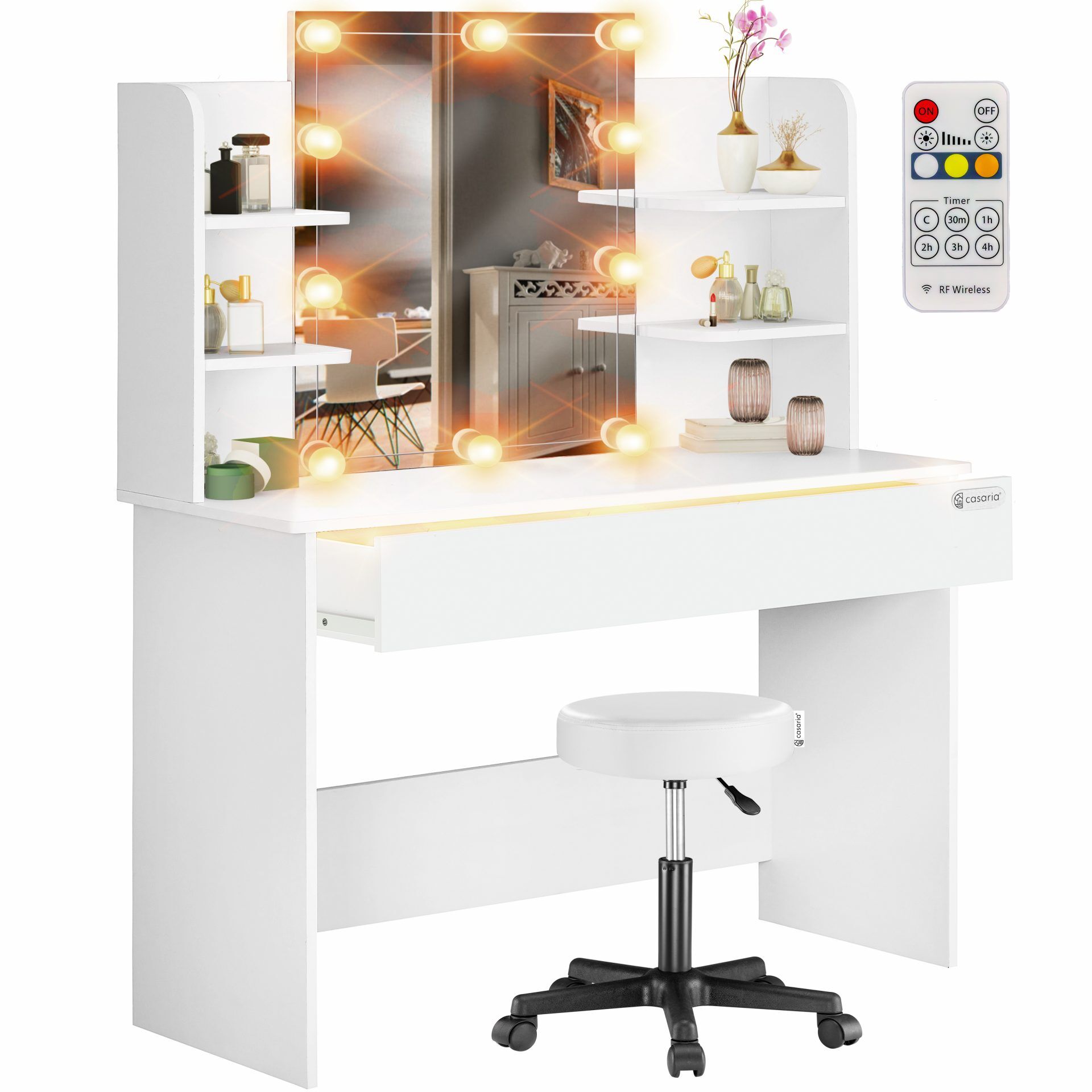 Schminktisch Lucia Weiß 140x110x40cm mit LED + Rollhocker