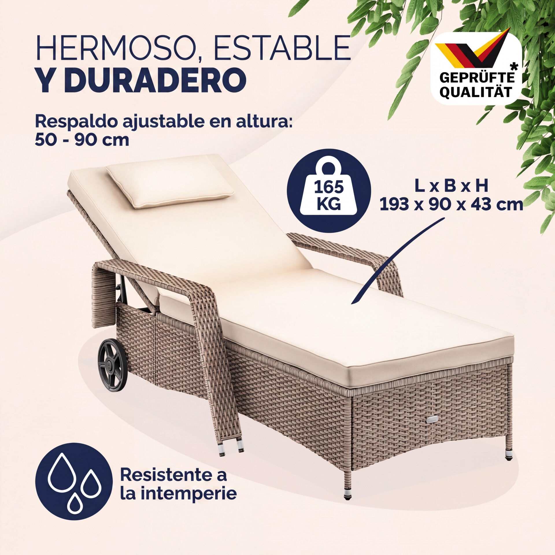 Polyrattan Gartenliege Creme/Creme 193x90x43cm