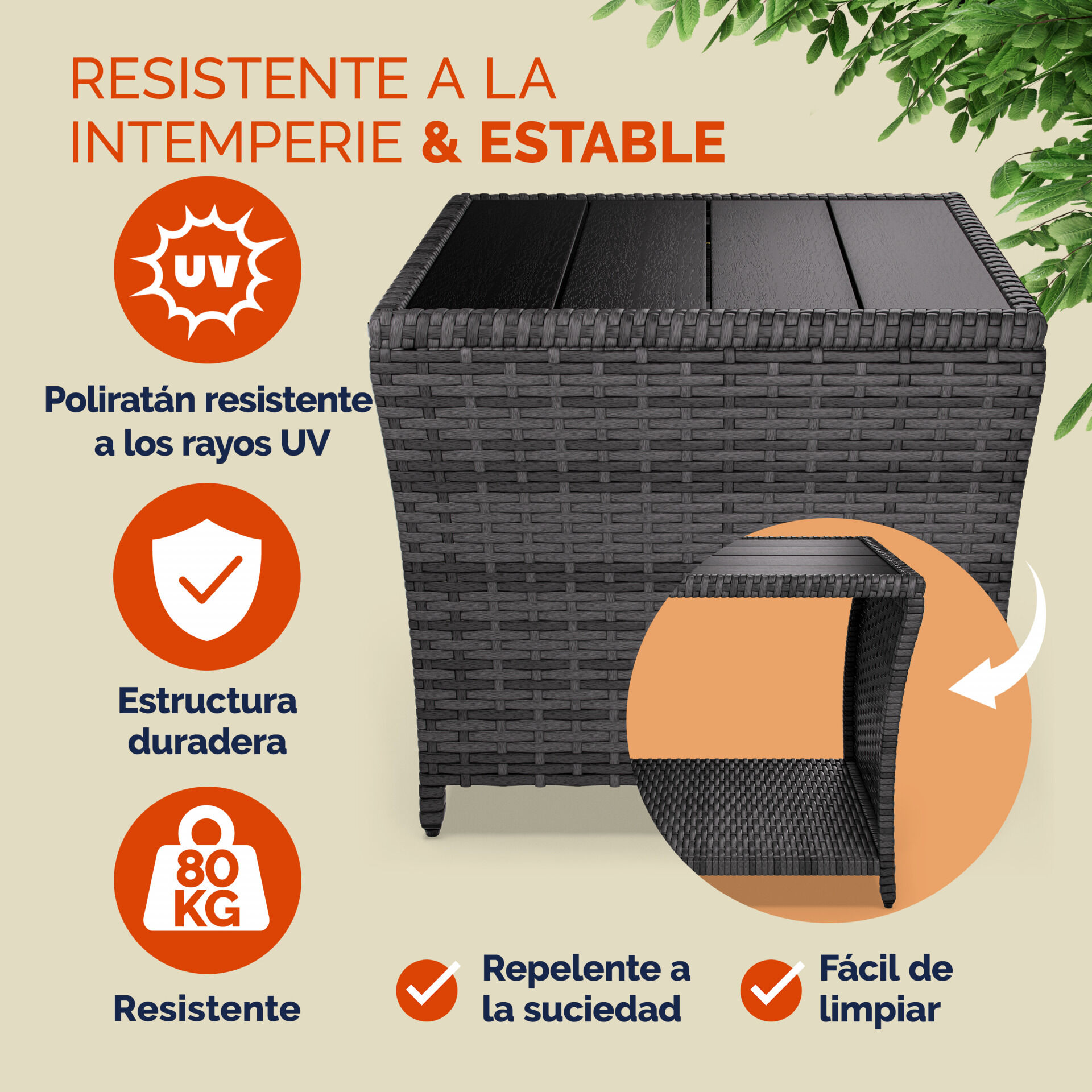 Polyrattan Beistelltisch Vedis Grau 45x45x40cm
