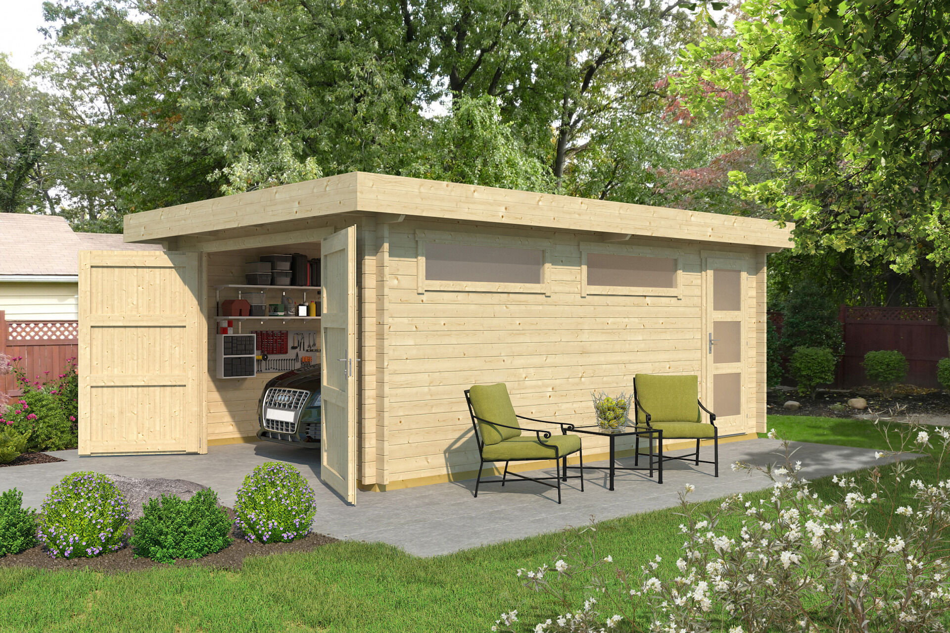 Einzelgarage 441, natur, 44 mm, mit Holztor, 2 Fenster, 1 Zusatztür