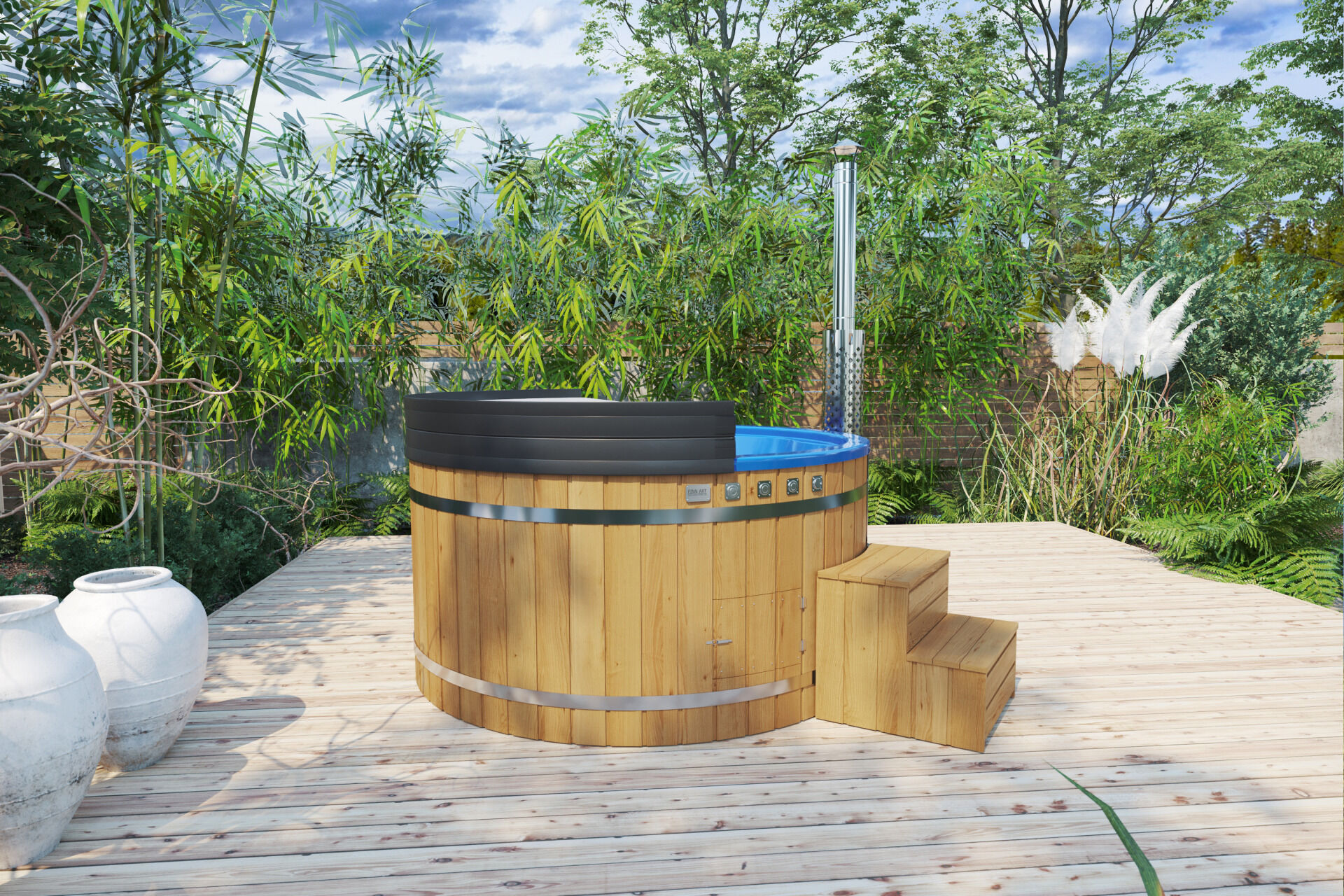 Badefass Prestige rund Thermoholz mit blauem Einsatz und Iso-Deckel, Seitenansicht mit Treppe, Taster und Revisionsklappe