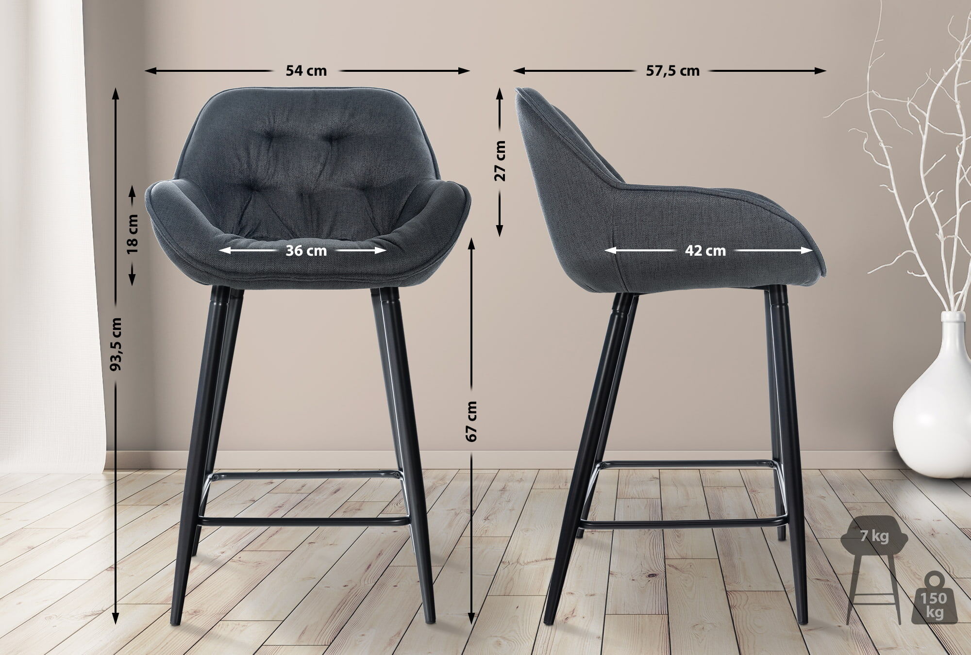 2er Set Barhocker Gibson Stoff, dunkelgrau