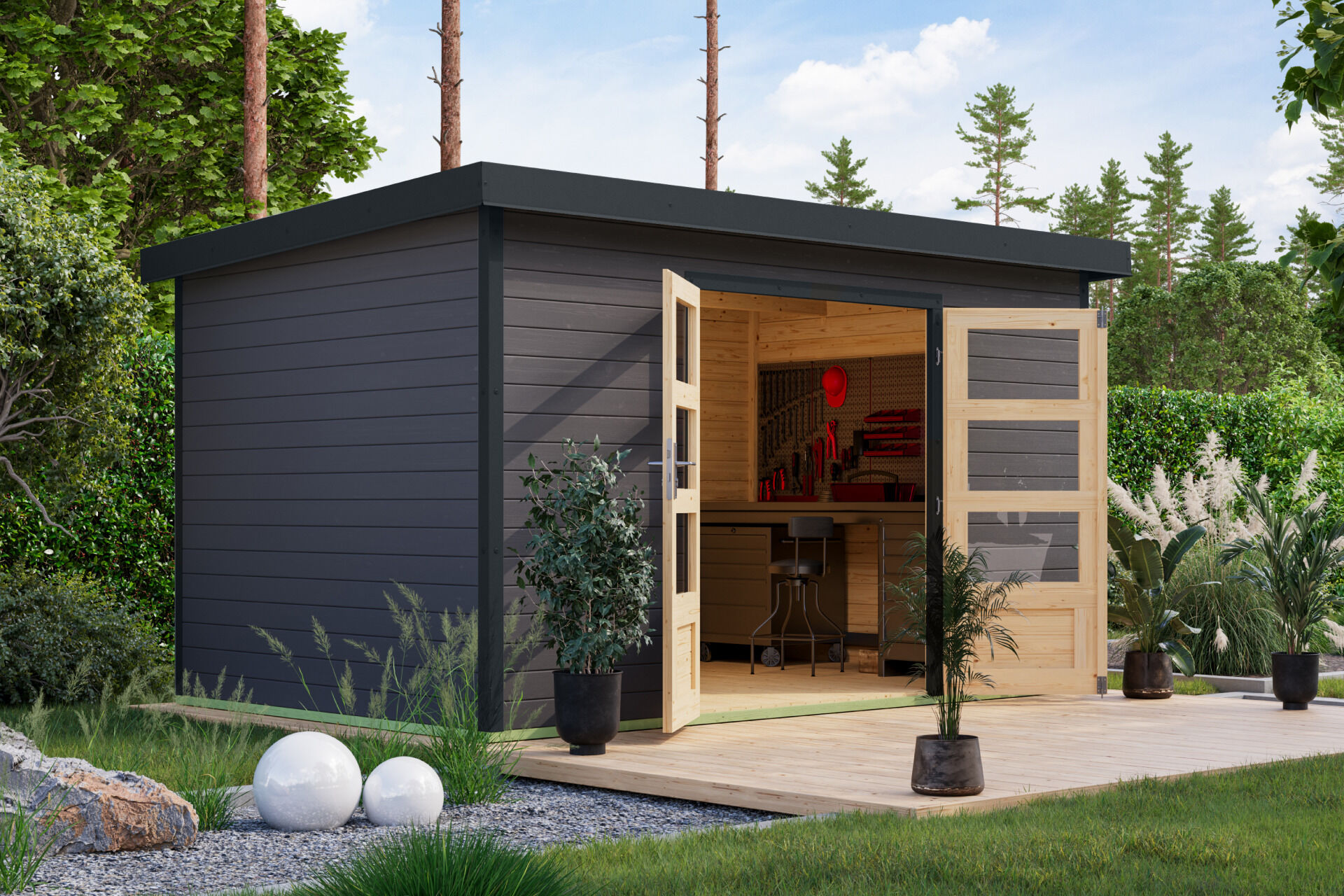 Karibu Pultdach Holz & Metall Gartenhaus Pluto 7, naturbelassen / graualuminium