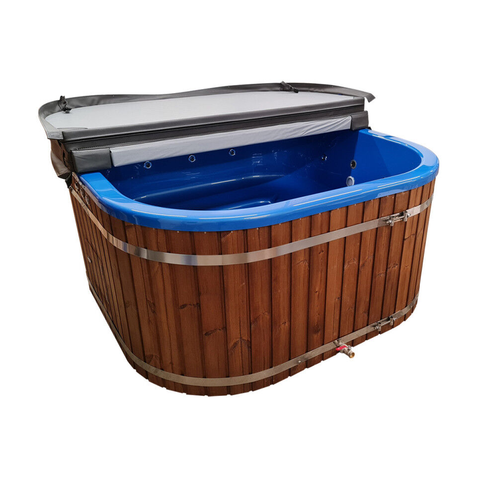 Badefass 200 Prestige Quadratisch Fichte mit blauem Acryl-Einsatz, Hydro-Düsen, LED und grauem Iso-Deckel