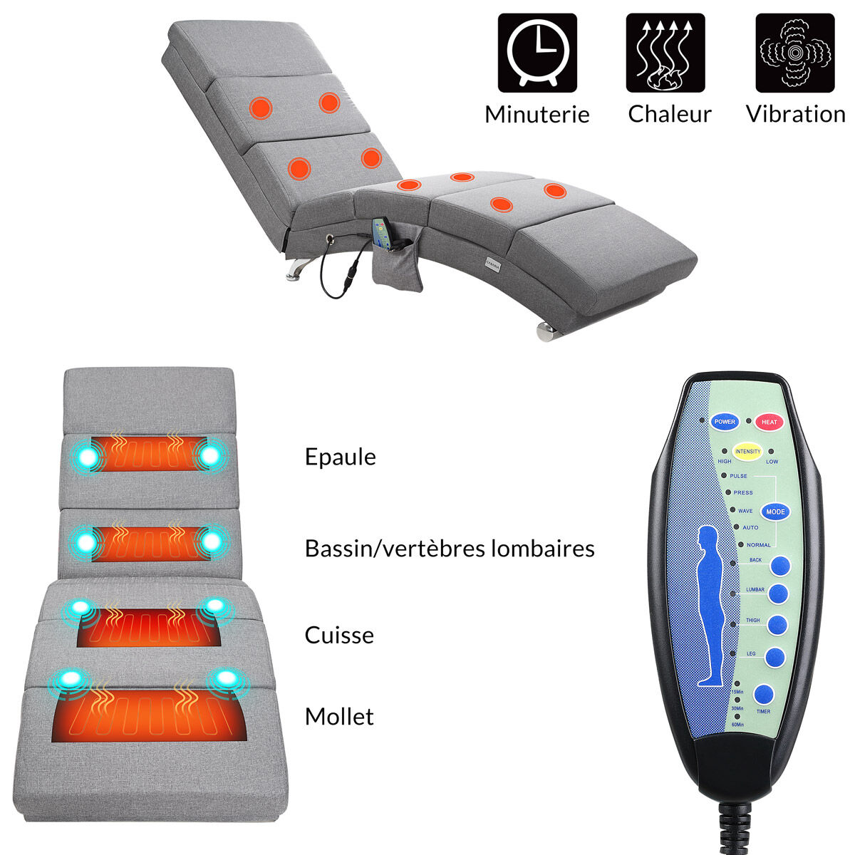 Relaxliege London Grau mit Massage- + Heizfunktion
