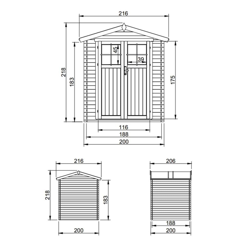 Gartenhaus Paul M343F Zeichnung mit Abmessungen
