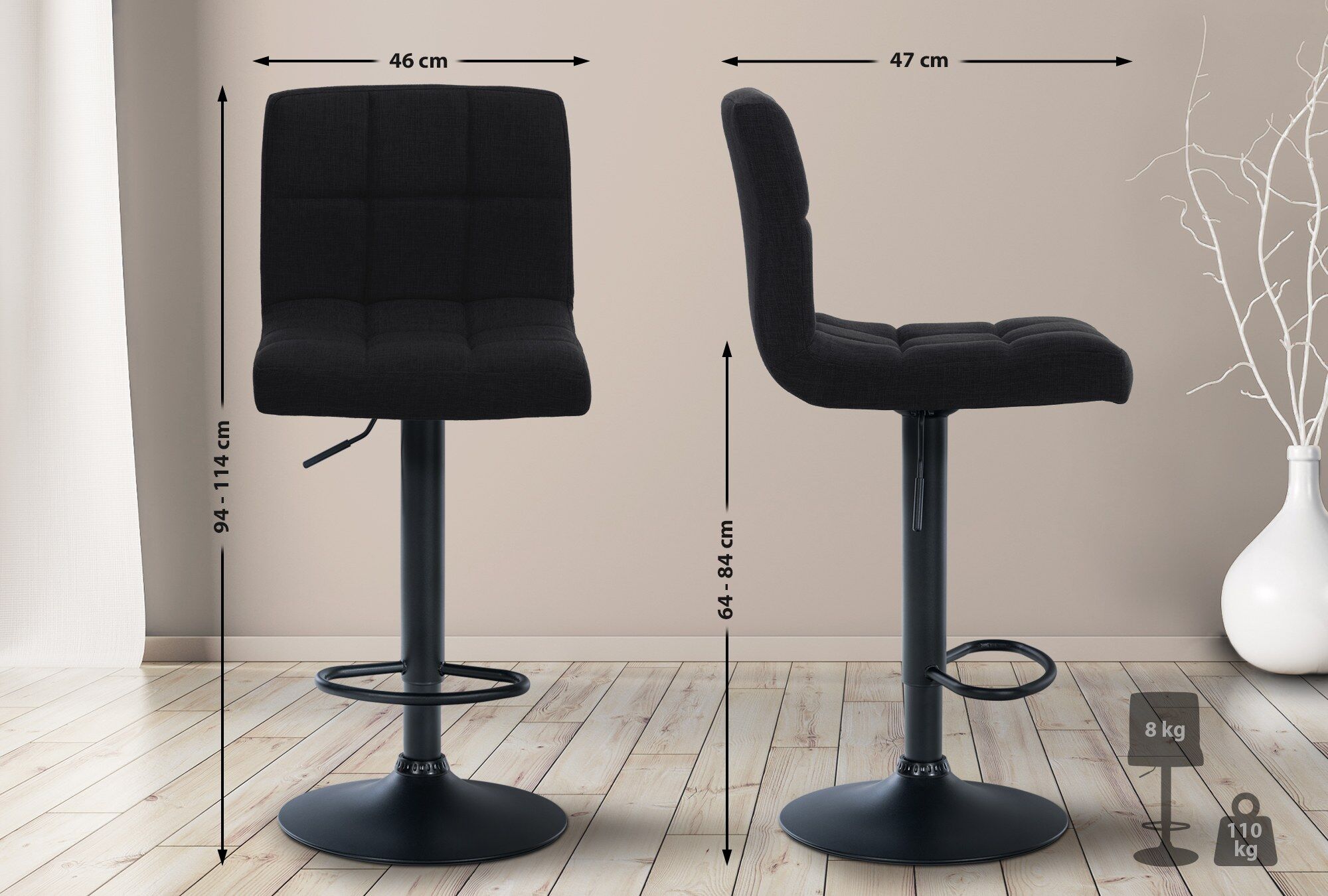 Barhocker Calma Stoff schwarz, schwarz