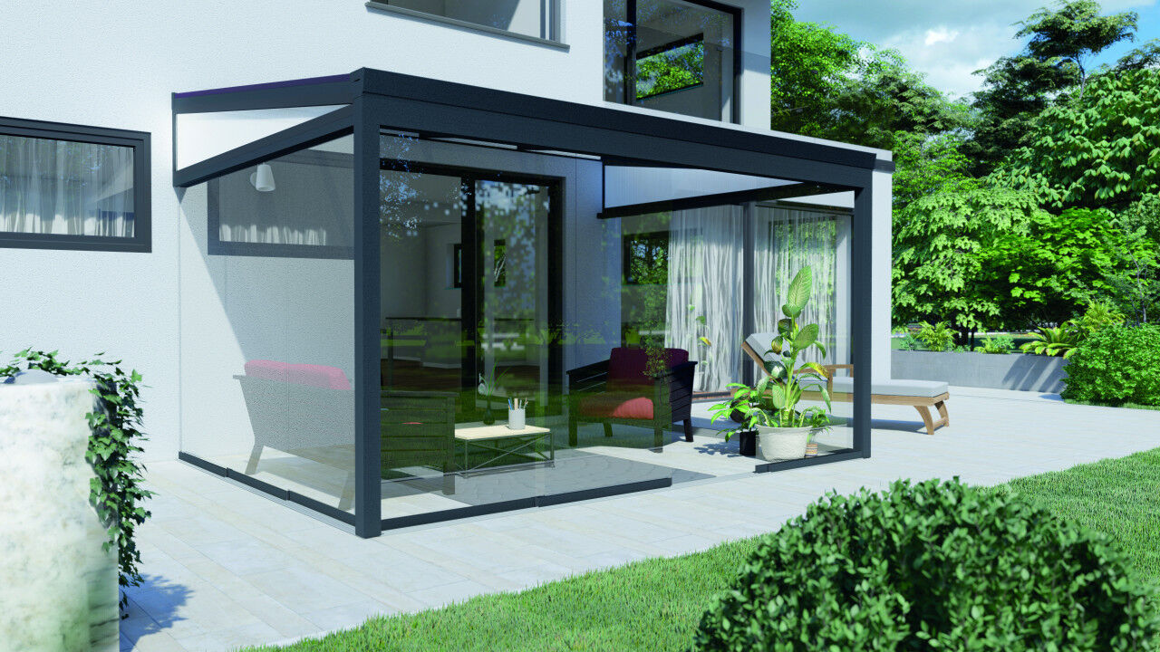 AKTION 4x3m Gartenzimmer Polycarbonat opal mit 8 mm Glasschiebewänden
